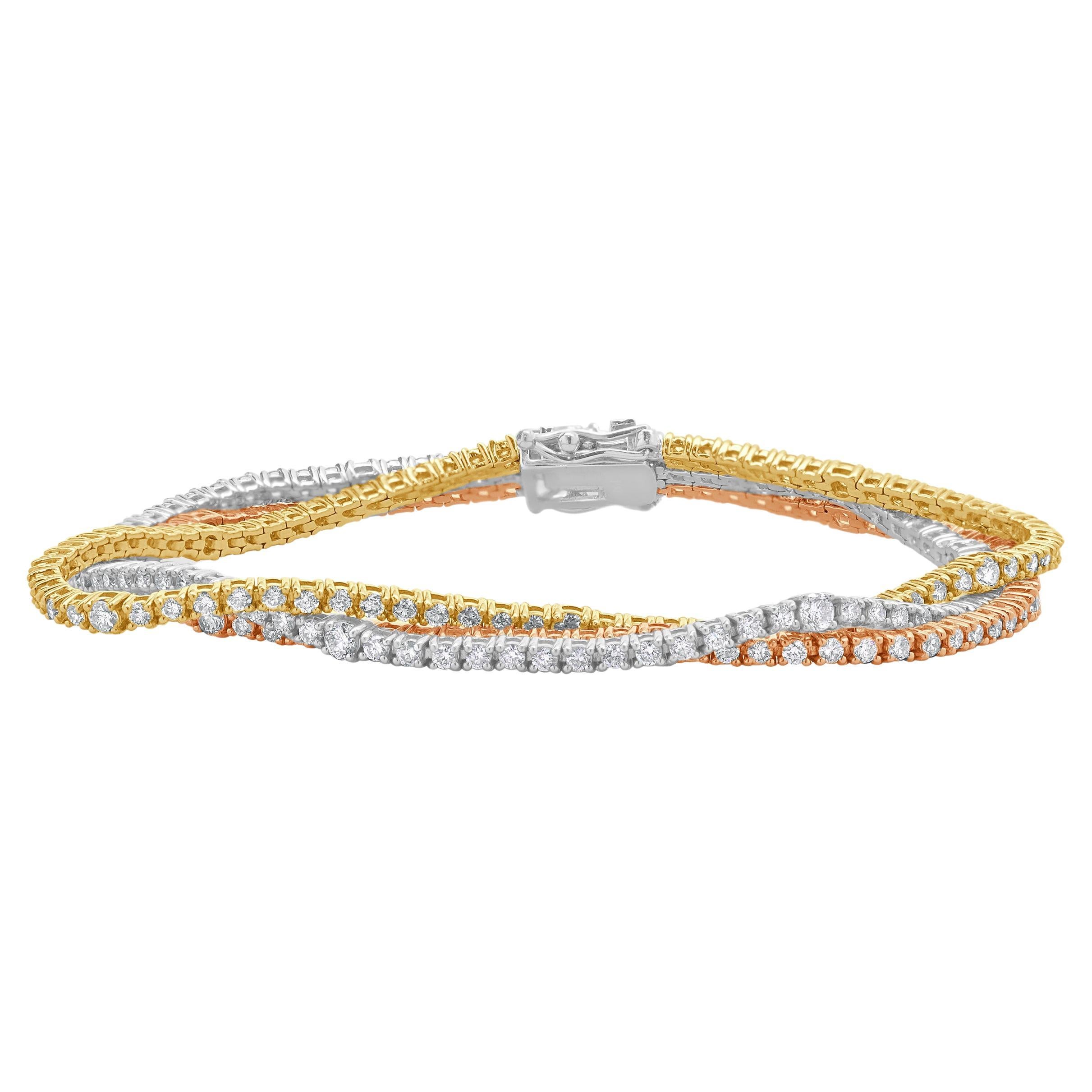 18 Karat White, Yellow, and Rose Gold Triple Row Diamond Inline Bracelet For Sale