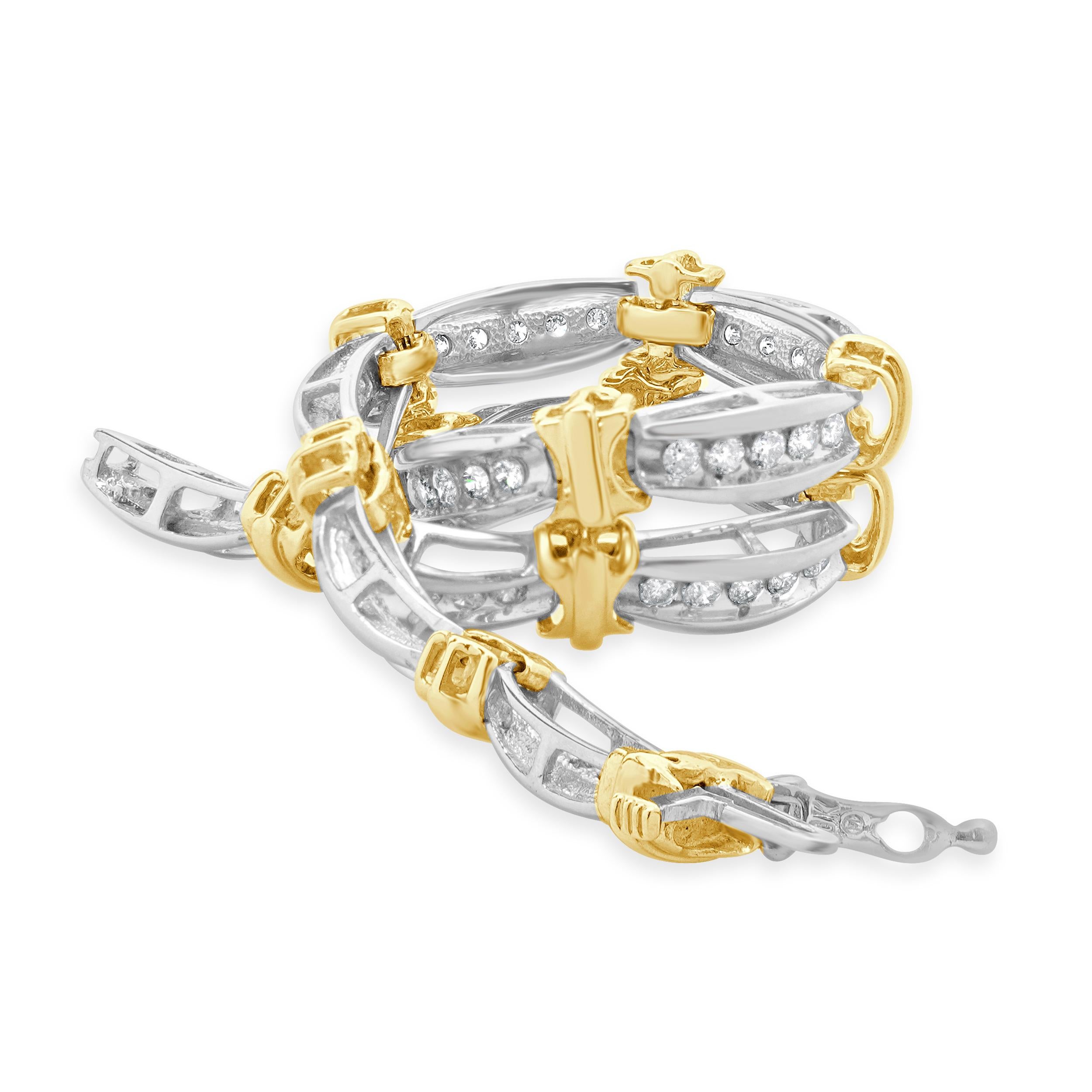 Round Cut 10 Karat White & Yellow Gold Channel Set Diamond Bracelet For Sale