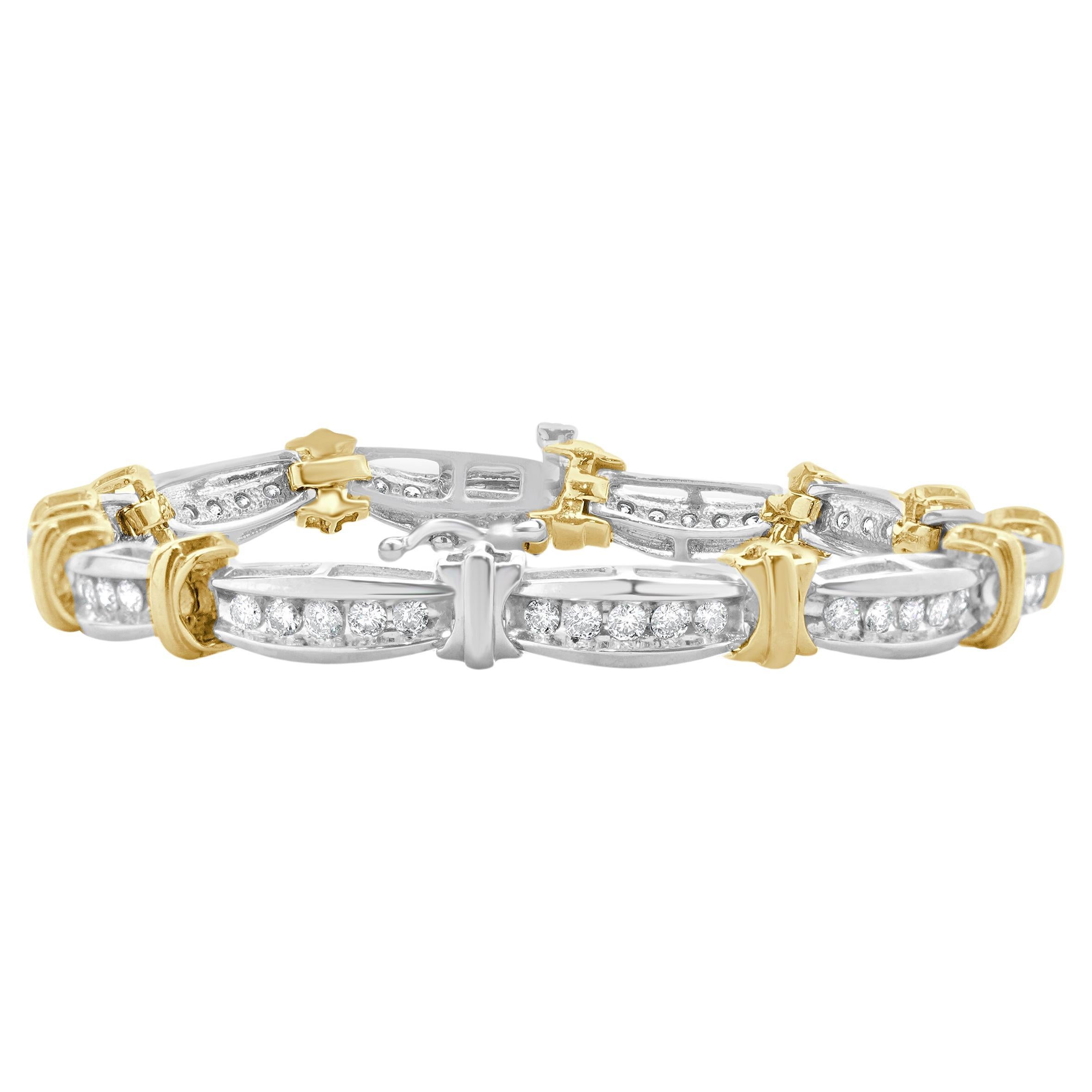 14 Karat White & Yellow Gold Channel Set Diamond Bracelet For Sale