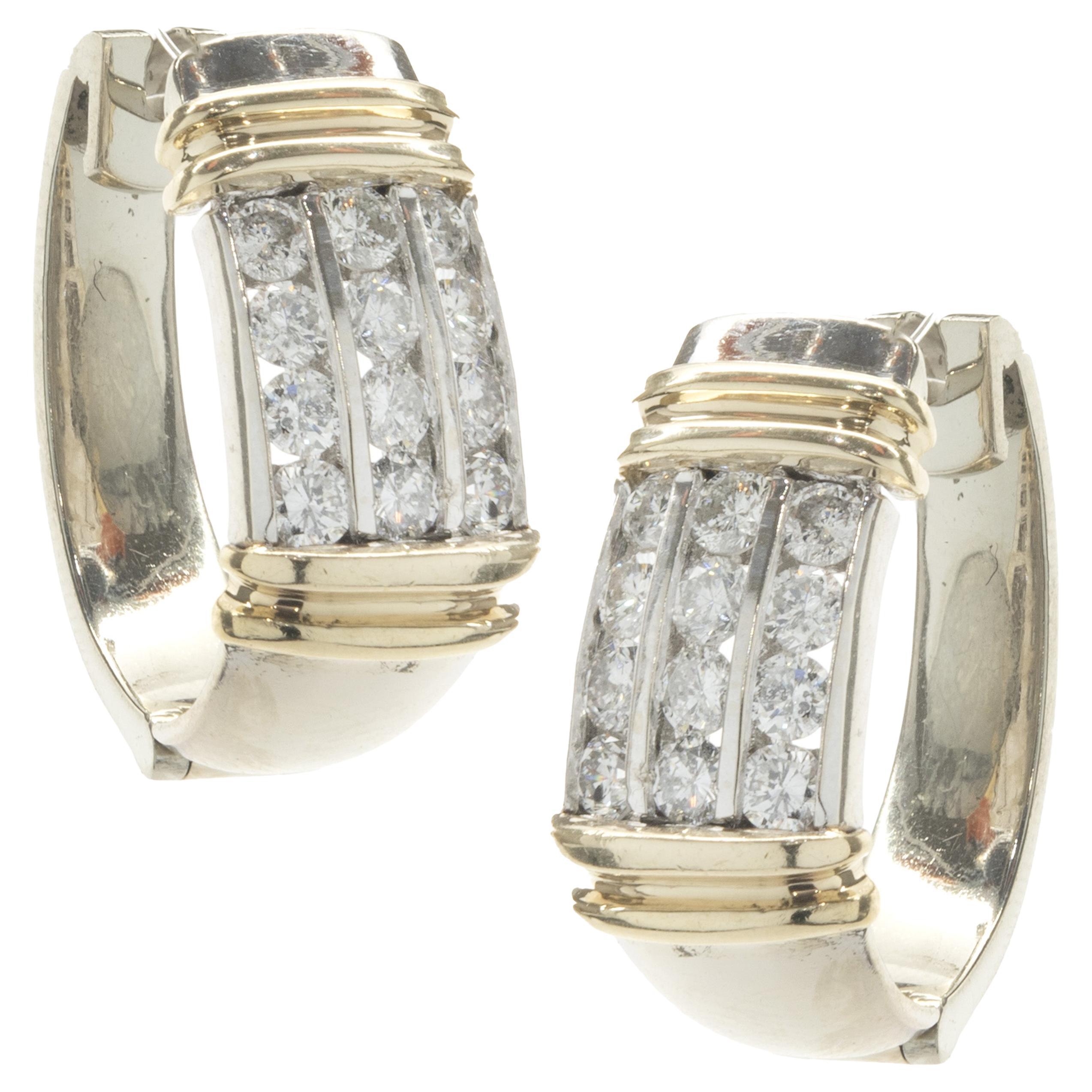 14 Karat White & Yellow Gold Channel Set Diamond Earrings For Sale