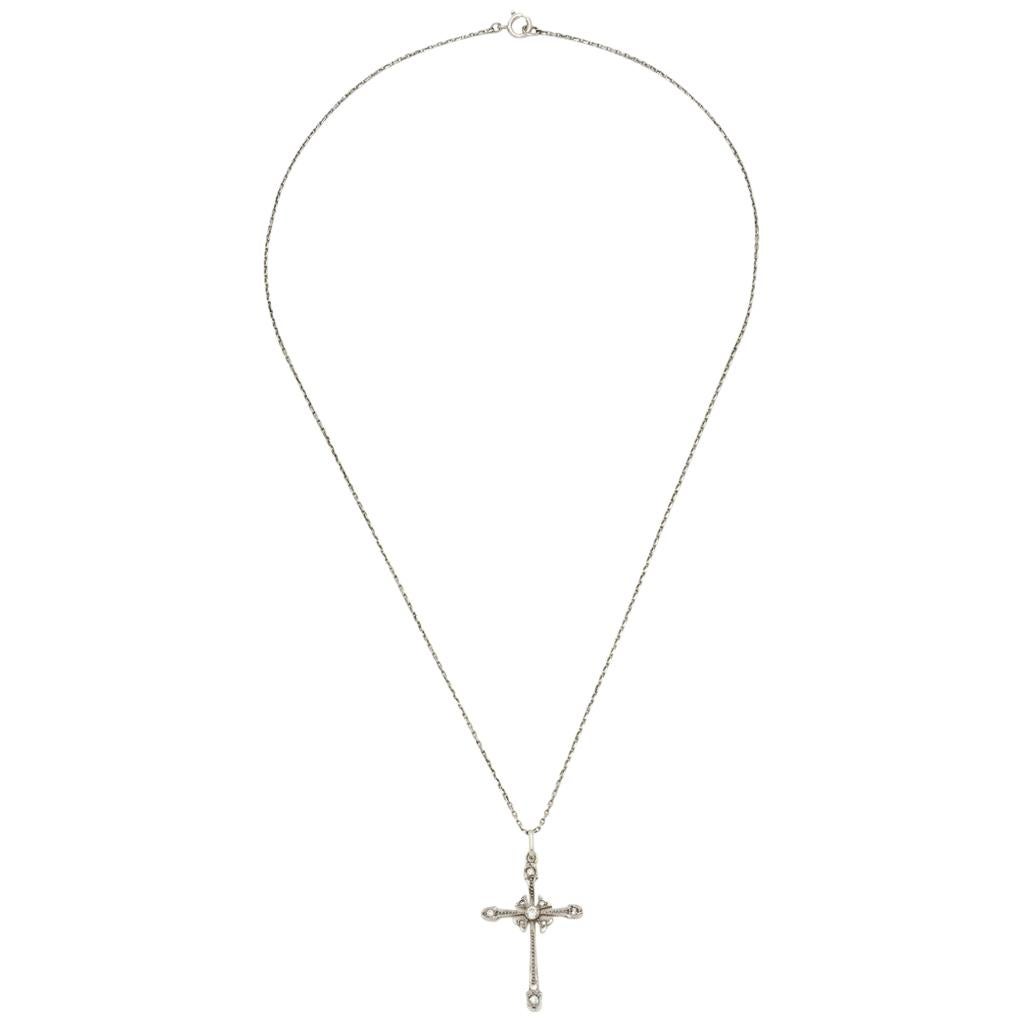 14 Karat White, Yellow Gold Cross, Diamonds, 14 Karat Gold Chain, Germany, 1930