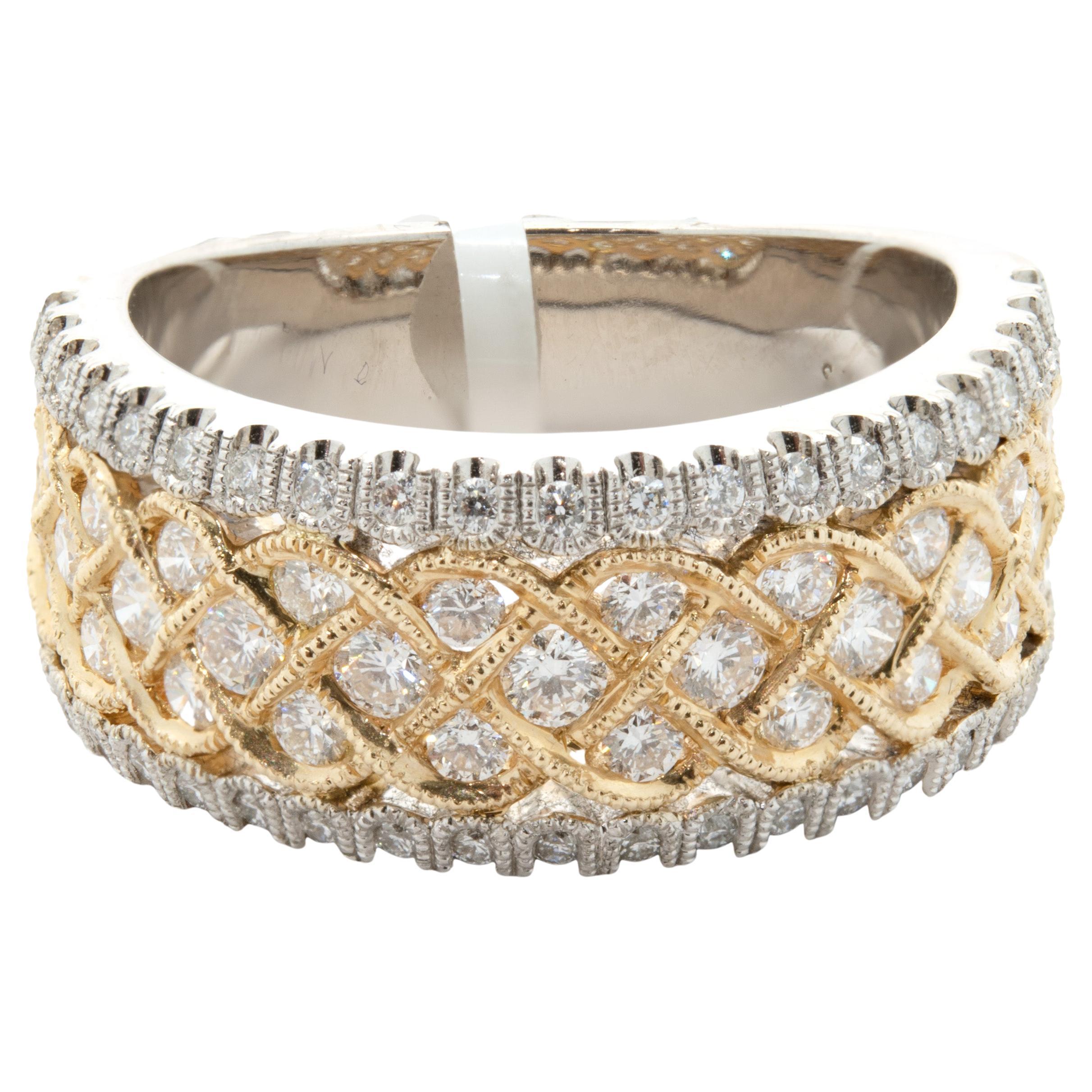 14 Karat White & Yellow Gold Diamond Lattice Band For Sale