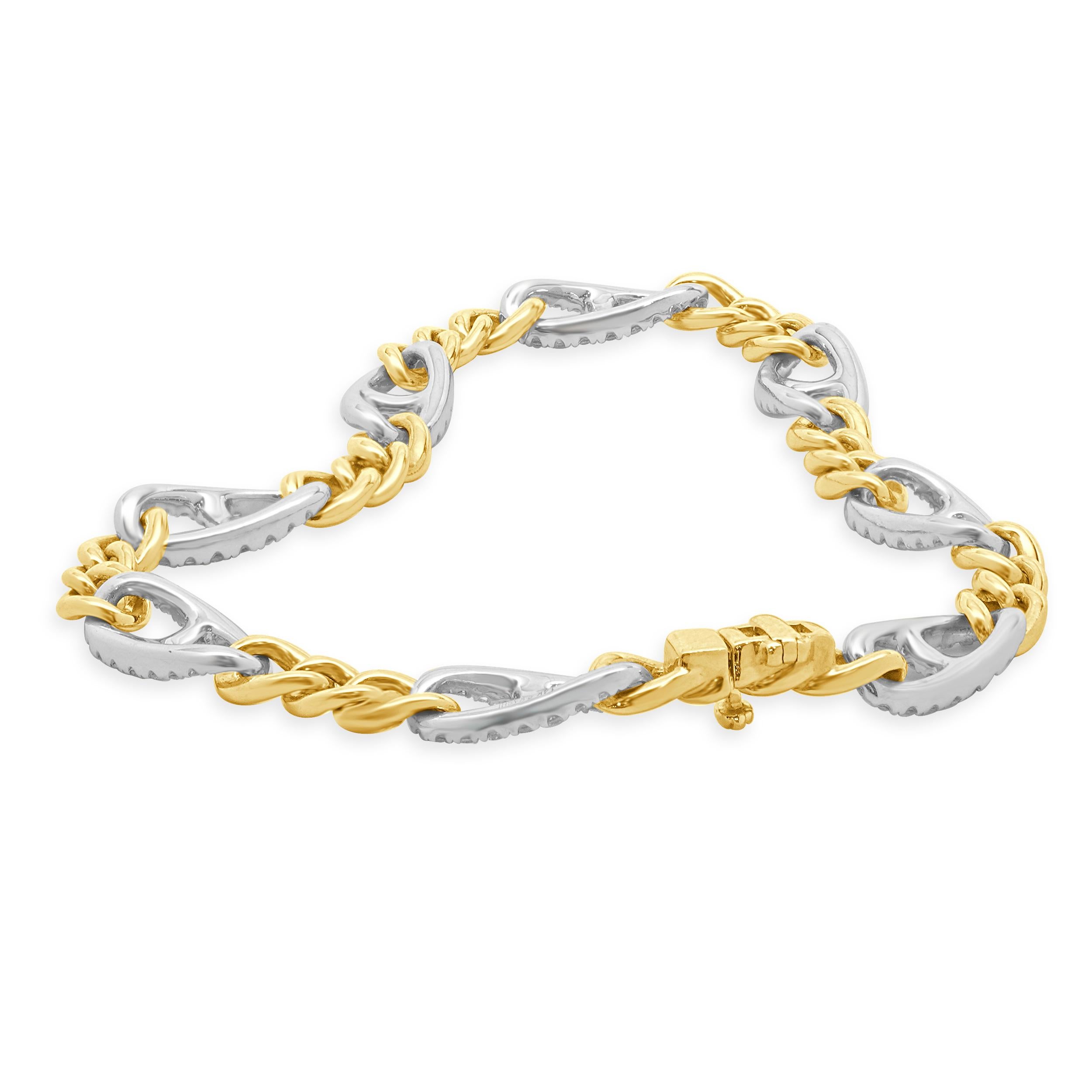 Designer: custom design
Material: 14K white & yellow Gold
Diamond: 160 round brilliant cut = 1.60cttw
Color: G
Clarity: SI1
Dimensions: bracelet will fit up to a 7-inch wrist
Weight: 13.08 grams

