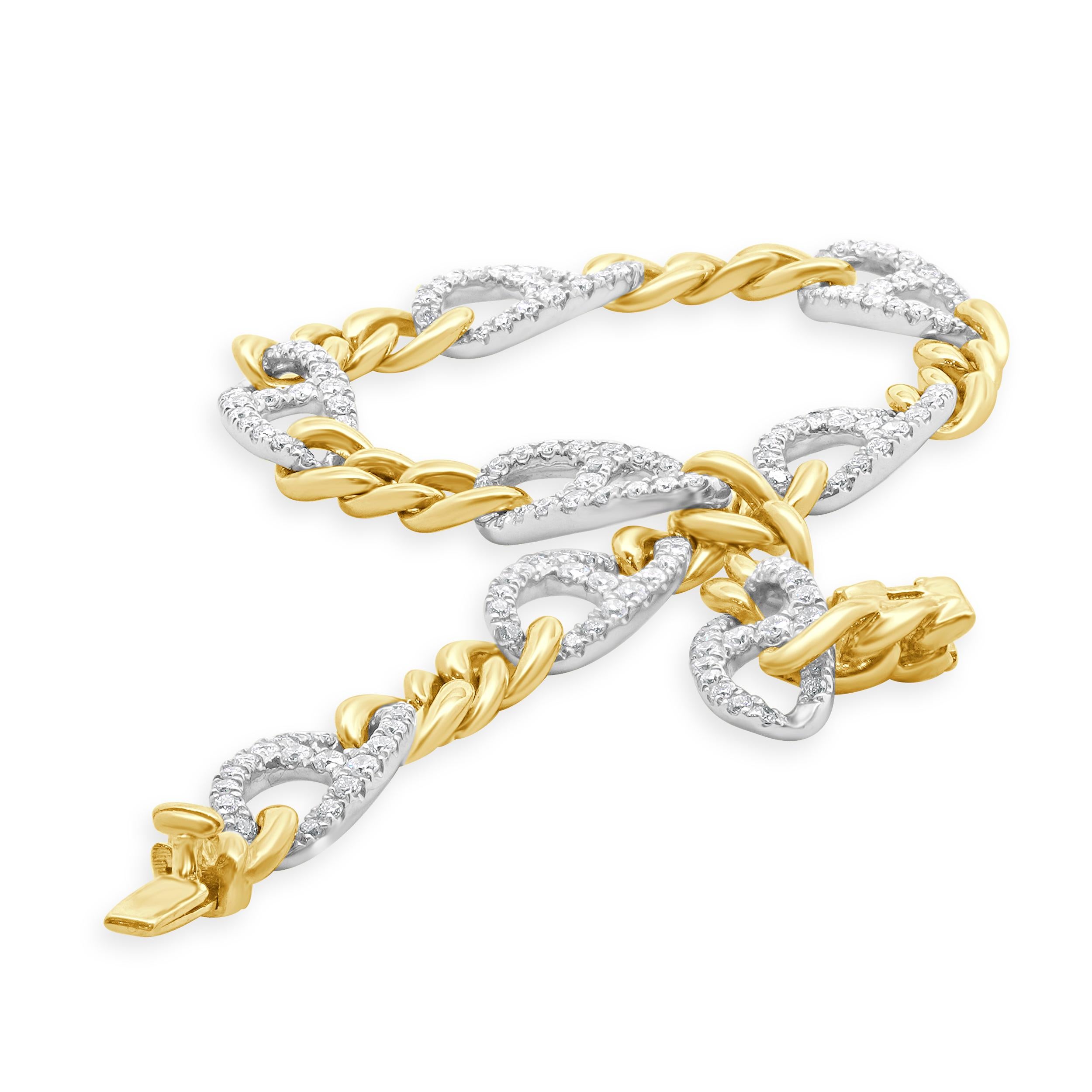Round Cut 14 Karat White & Yellow Gold Diamond Mariner Link Bracelet For Sale