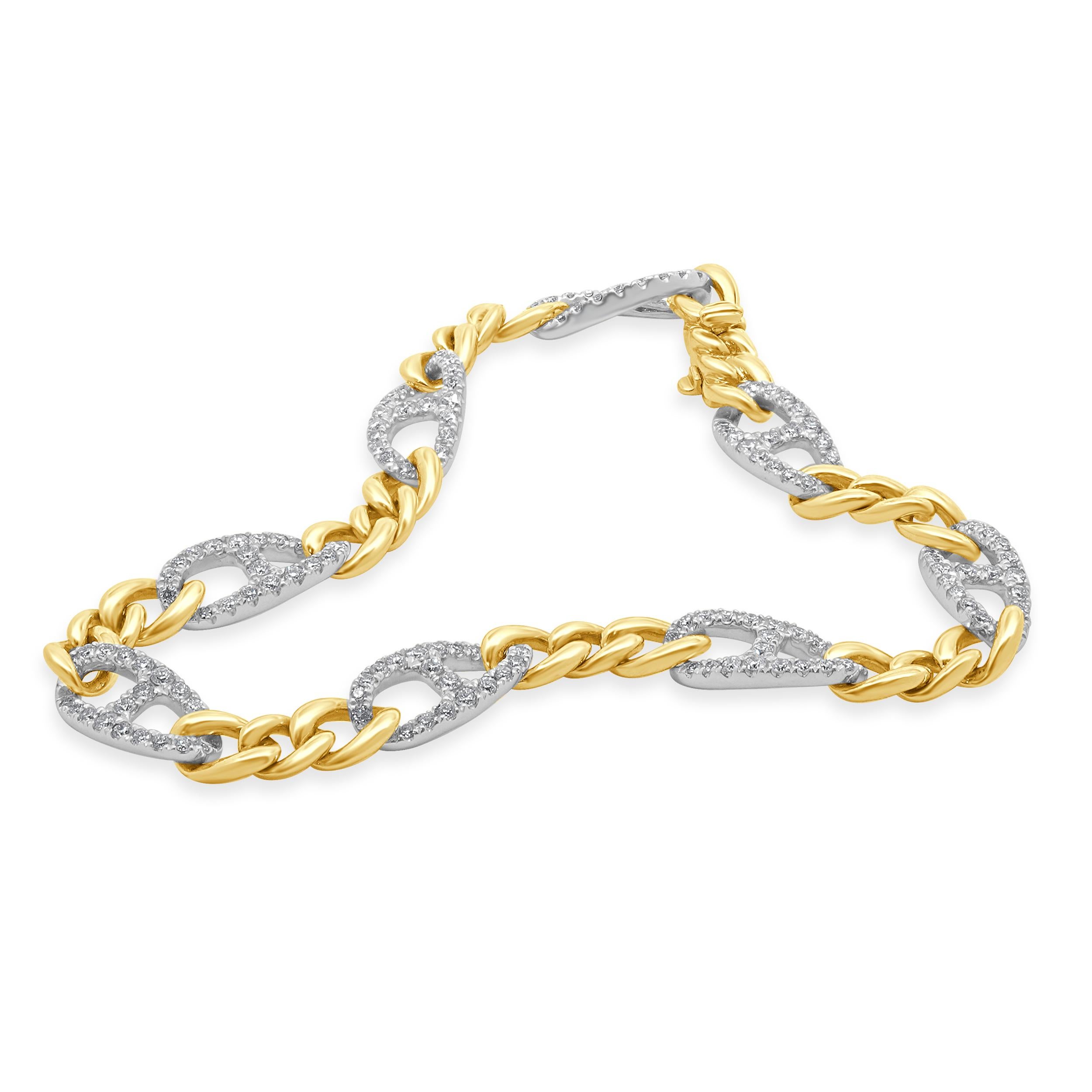 14 Karat White & Yellow Gold Diamond Mariner Link Bracelet In Excellent Condition For Sale In Scottsdale, AZ