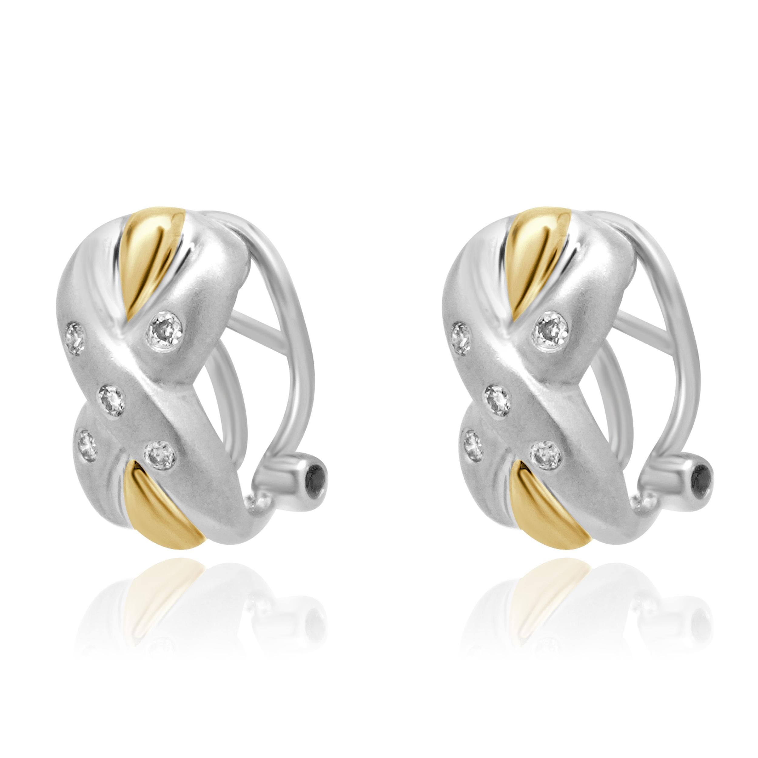 Material: 14K white & yellow gold
Diamonds: 5 round cut = 0.10cttw
Color: H
Clarity: SI2
Dimensions: earrings measure approximately 13.8 x 7.5mm
Fastenings: omega backs
Weight: 4.48 grams
