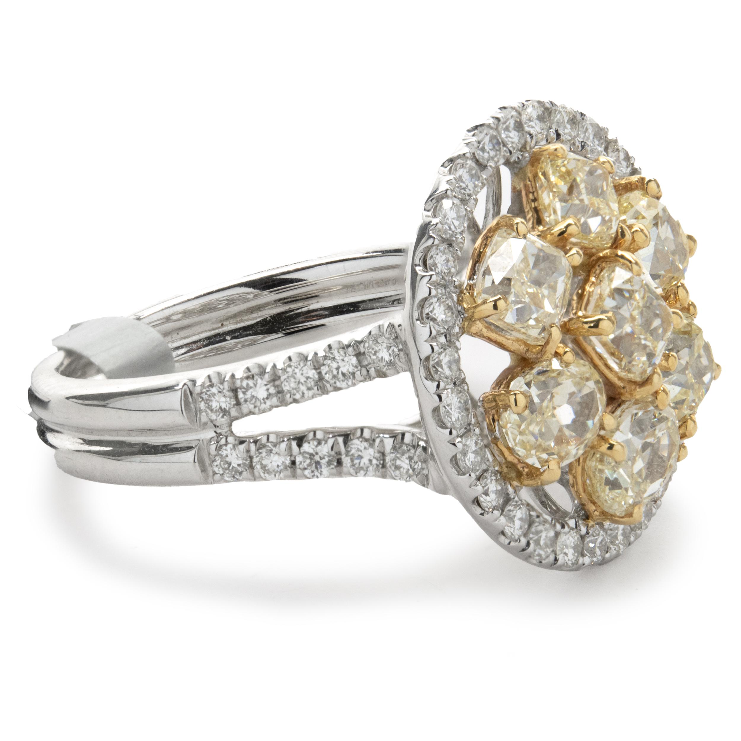 Designer: custom
Material: 14K white & yellow gold
Diamond: 7 oval and cushion cut = 2.34cttw
Color: Fancy Yellow
Clarity: VS2
Diamond: 54 round brilliant cut = 2.92cttw
Color: G
Clarity: VS1-2
Ring size: 6.5 (please allow two additional shipping