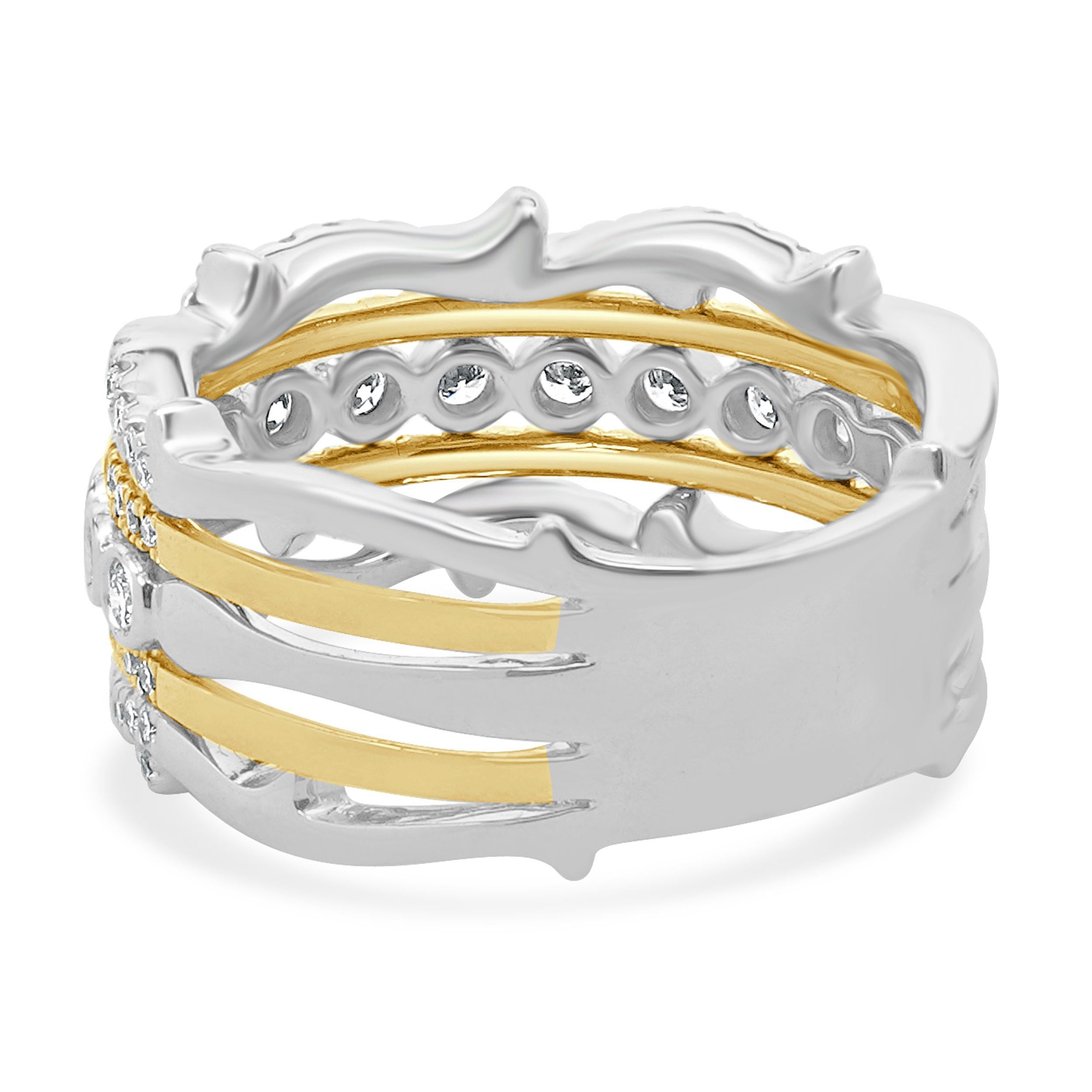Round Cut 14 Karat White & Yellow Gold Five Row Diamond Cigar Band For Sale