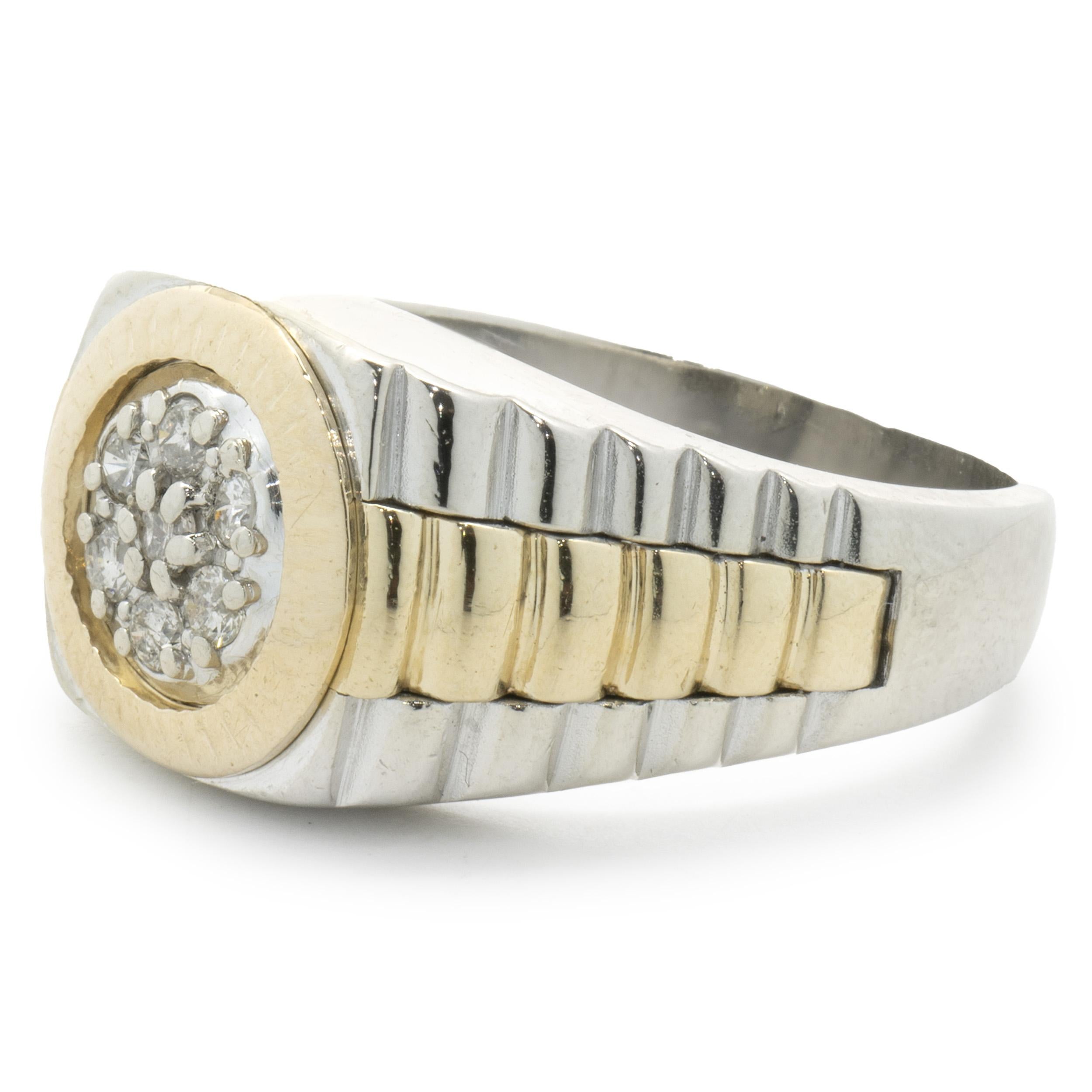 Designer: custom
Material: 14K white & yellow gold
Diamond: 7 round brilliant cut = 0.20cttw
Color: J
Clarity: I1-2
Ring size: 10.5 (please allow two additional shipping days for sizing requests)
Weight:  11.08 grams