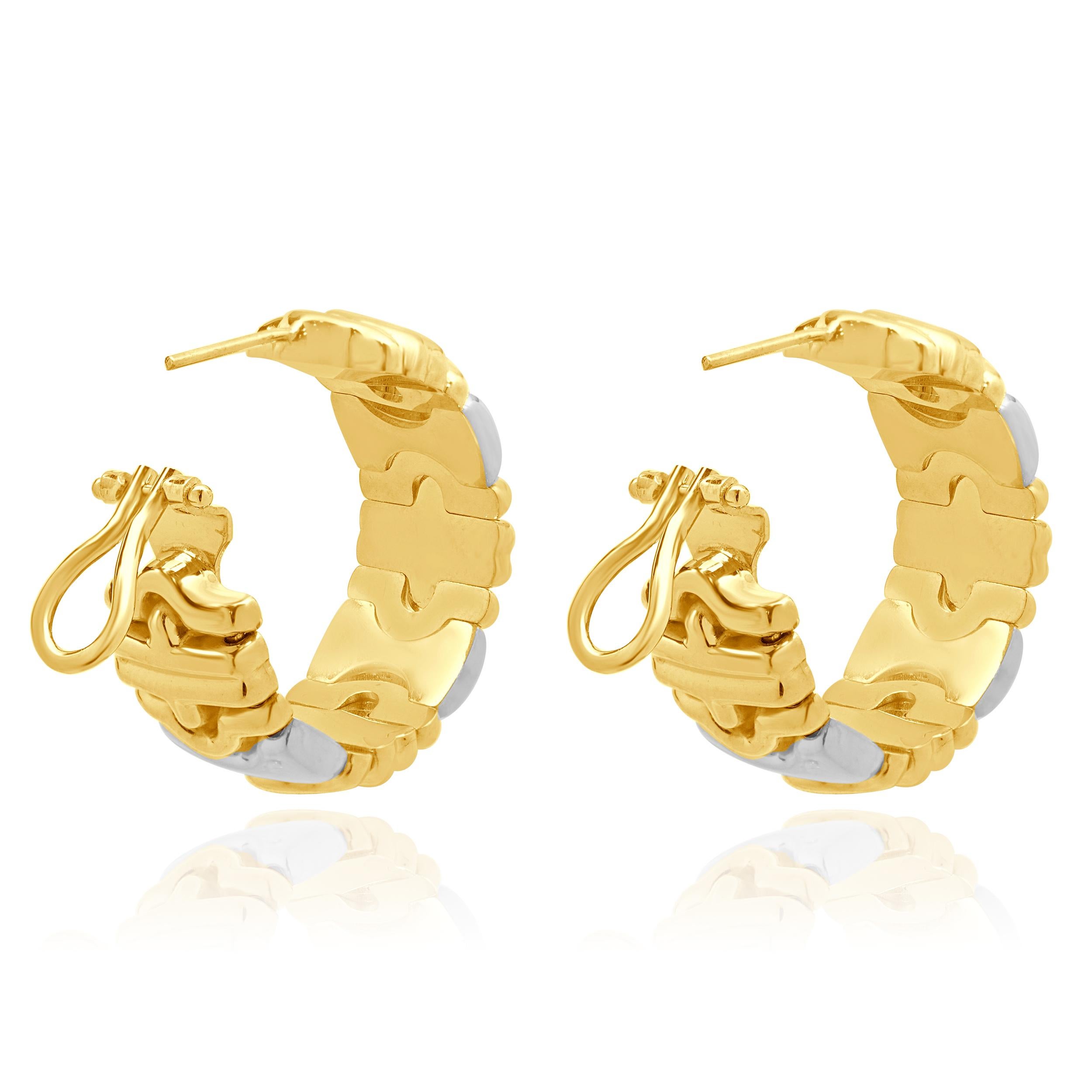 Women's 18 Karat White & Yellow Gold Puzzle Hoop Earrings For Sale
