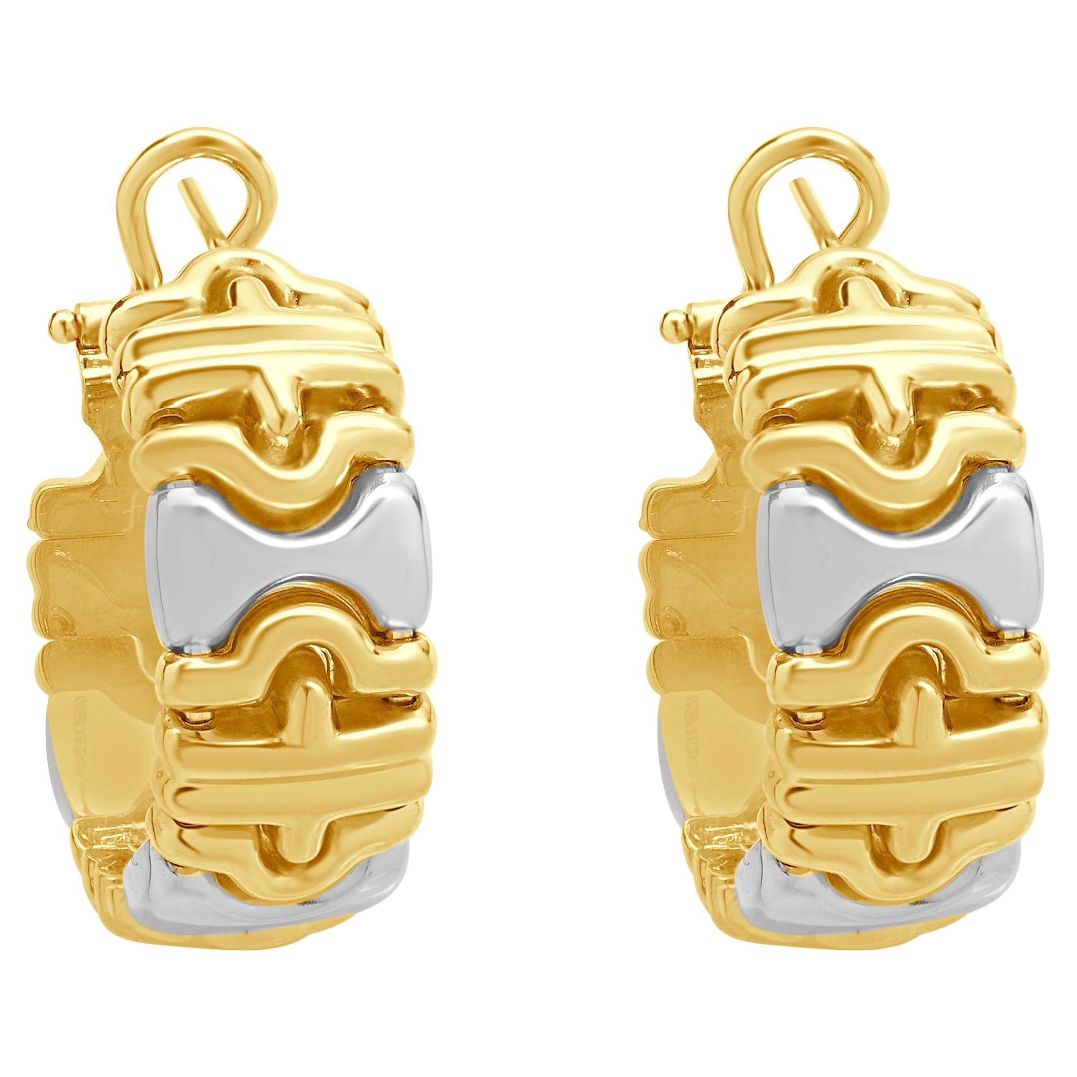 18 Karat White & Yellow Gold Puzzle Hoop Earrings For Sale
