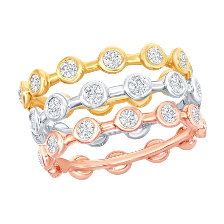 14 Karat White, Yellow, Rose Gold Diamond Stack Bezel Rings For Sale