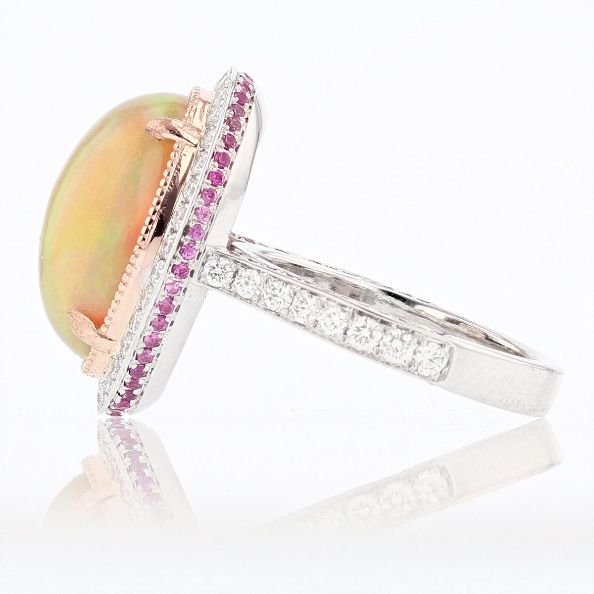Modern 14 Karat White and Rose Gold Oval Opal, Pink Sapphire, and Diamond Ring For Sale