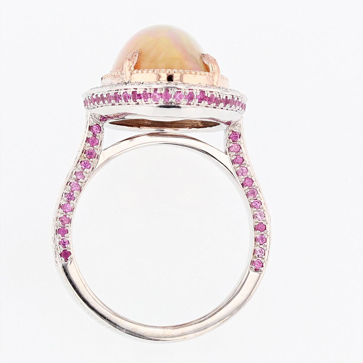 14 Karat White and Rose Gold Oval Opal, Pink Sapphire, and Diamond Ring In New Condition For Sale In Houston, TX