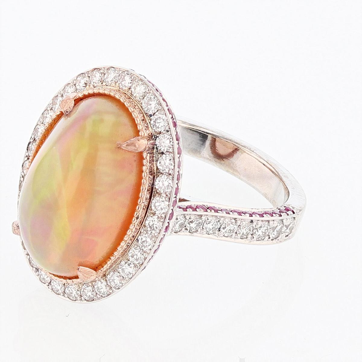 Women's 14 Karat White and Rose Gold Oval Opal, Pink Sapphire, and Diamond Ring For Sale