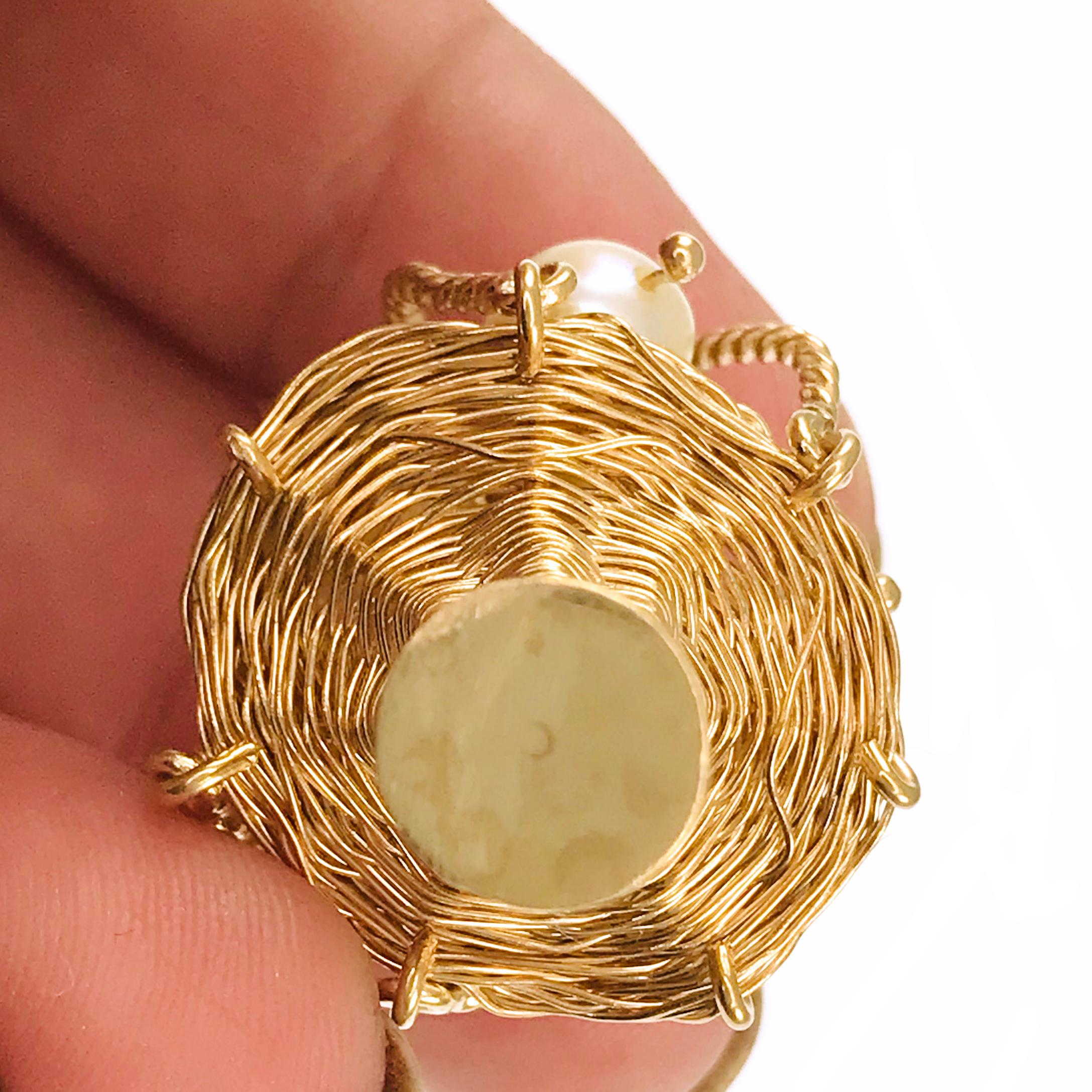 Retro Yellow Gold Woven Wire Basket Cultured Pearls Pendant For Sale
