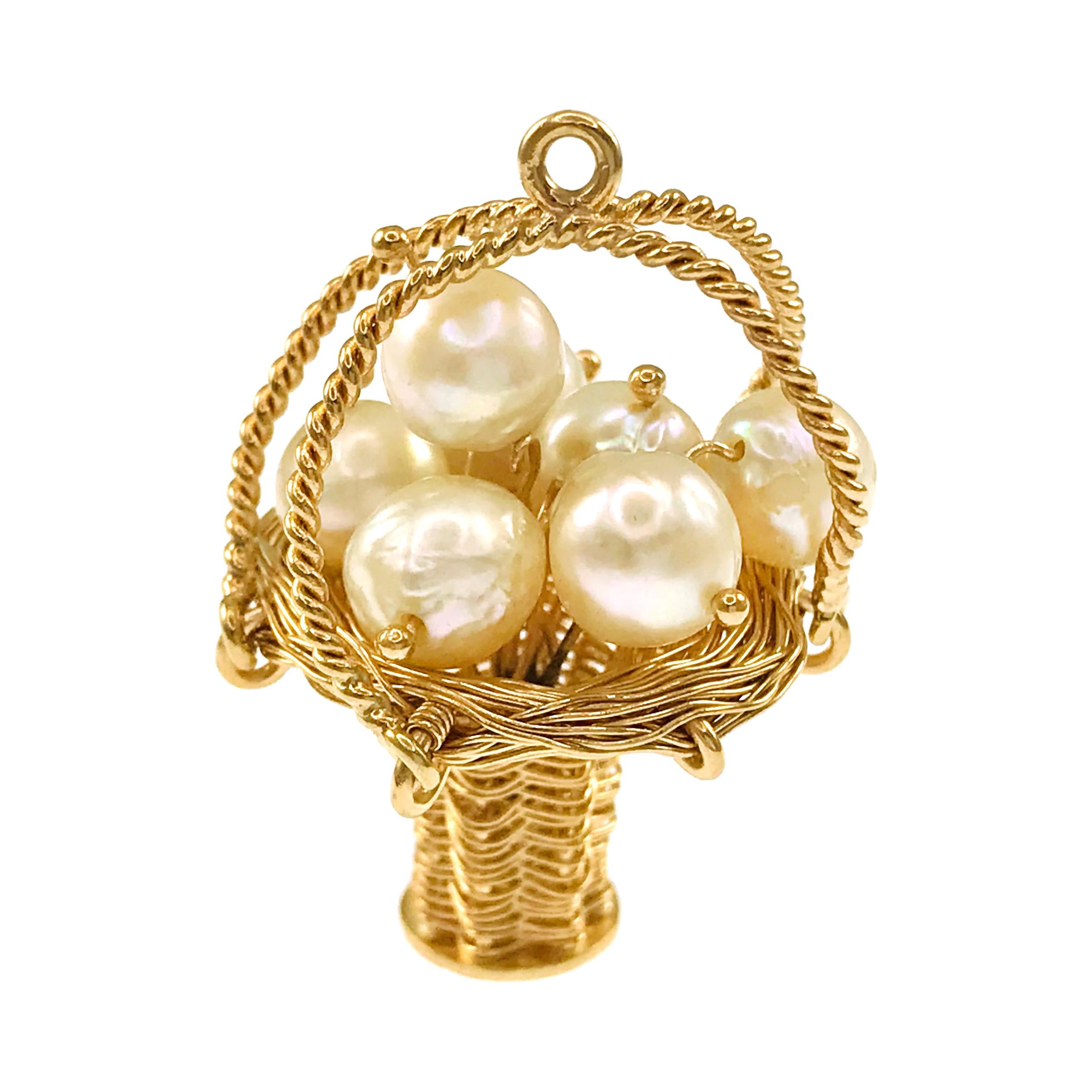 Yellow Gold Woven Wire Basket Cultured Pearls Pendant