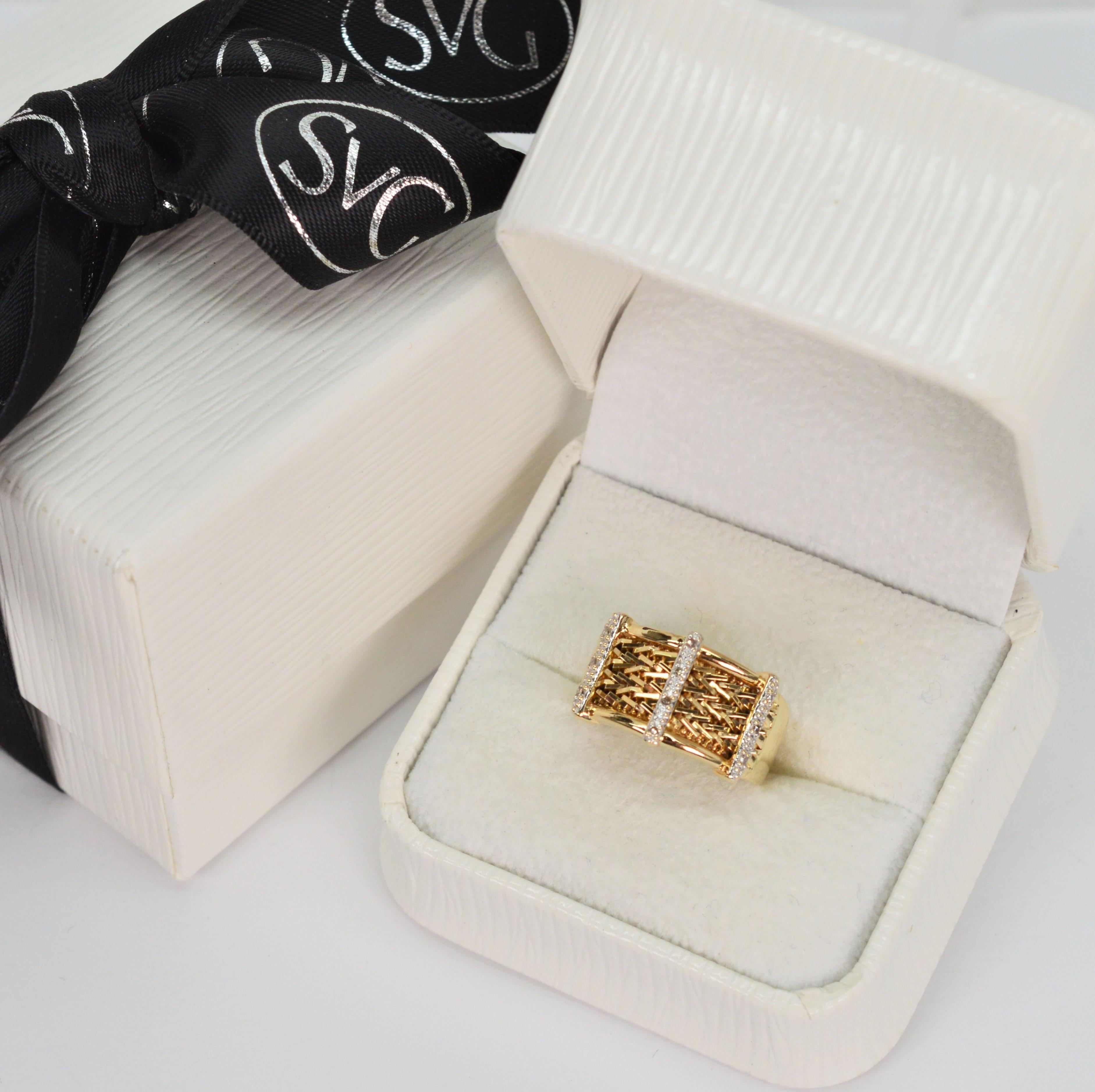 14 Karat Woven Yellow Gold Band Ring with Diamond Accents For Sale 5