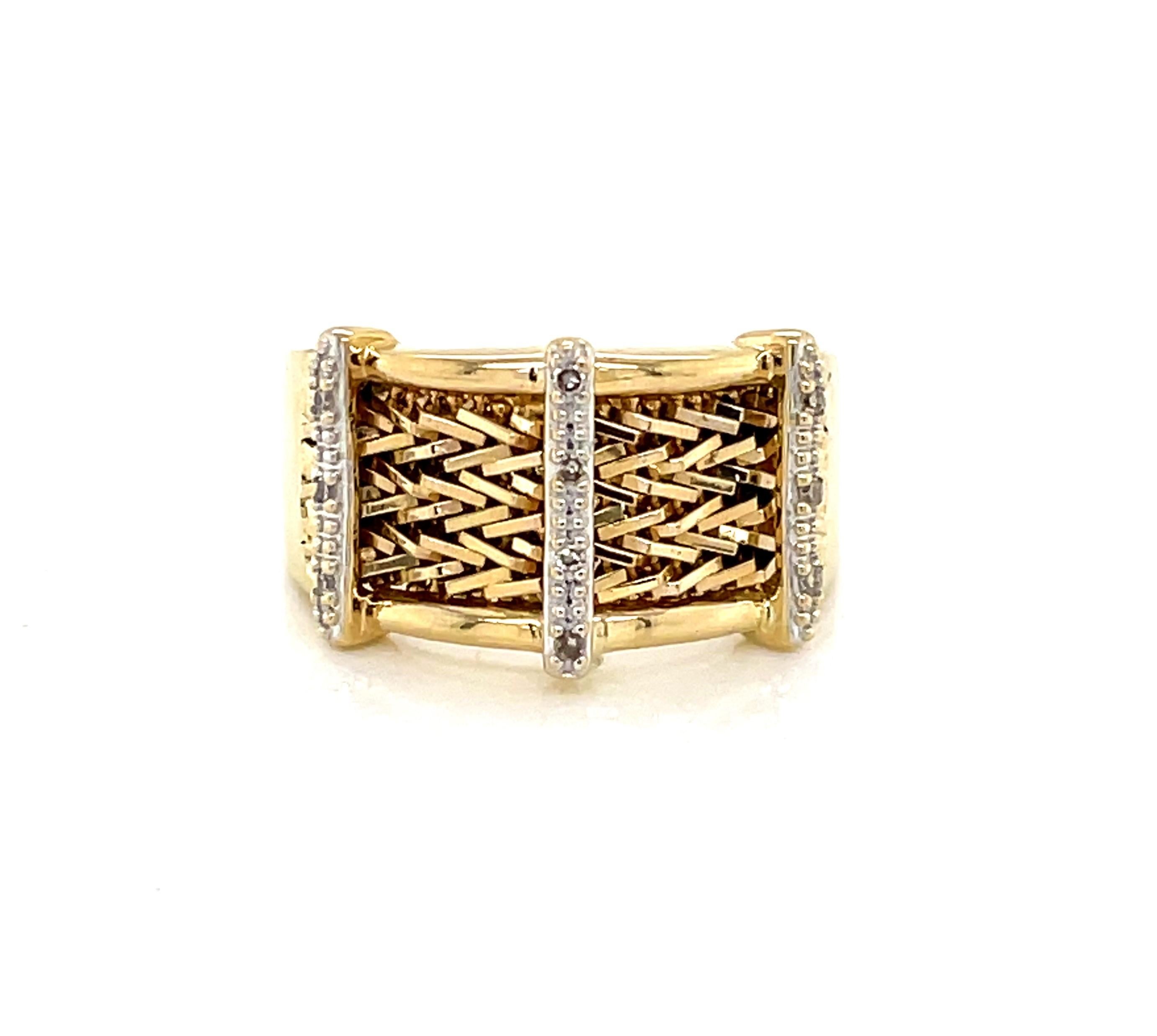 A unique front placket of woven fourteen karat 14k yellow gold is enhanced with vertical lines accented with ten .01 carat round faceted diamonds on this unique band. Generously measuring approximately 11mm wide at the face and graduating back to