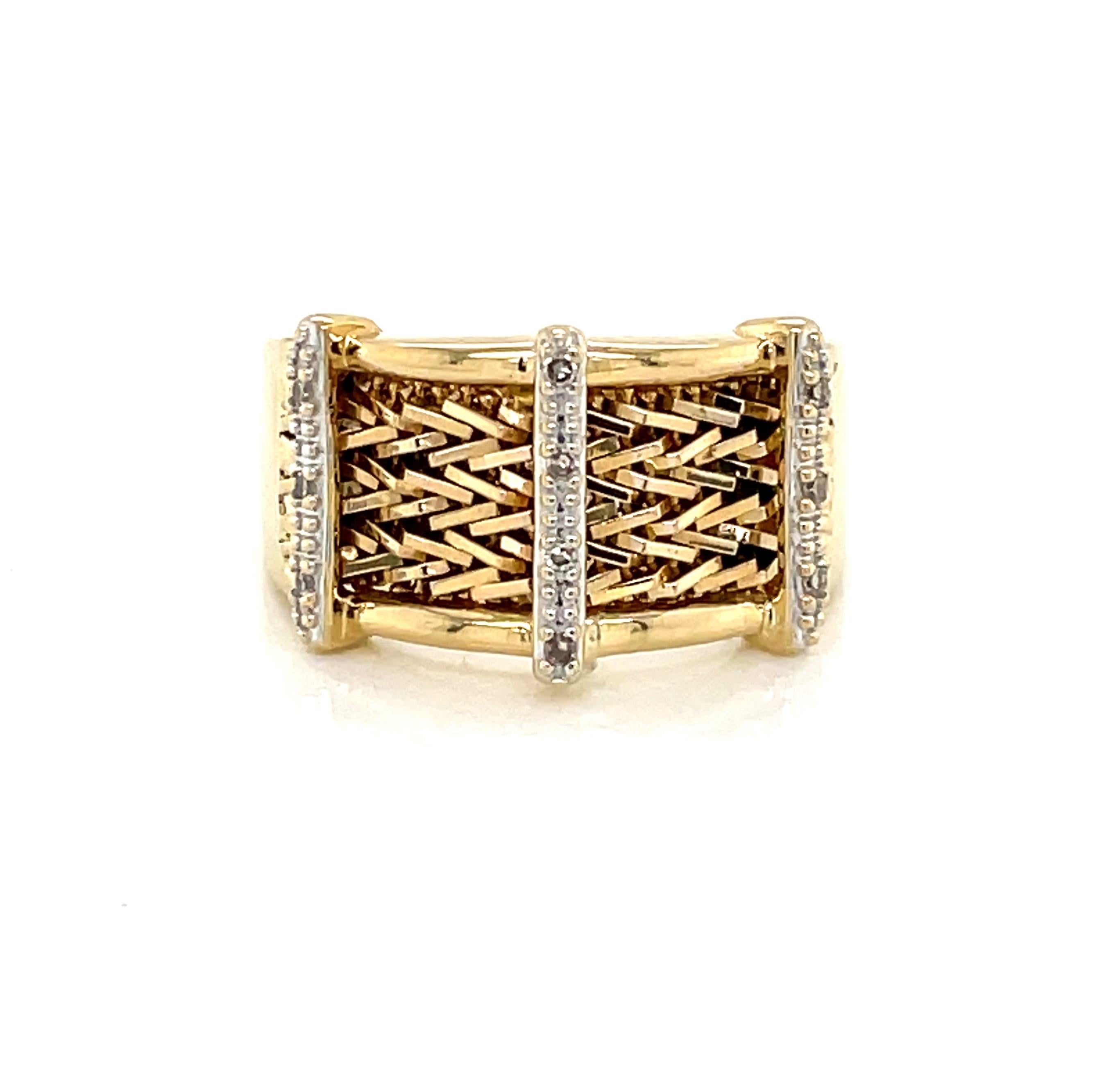 14 Karat Woven Yellow Gold Band Ring with Diamond Accents For Sale 1