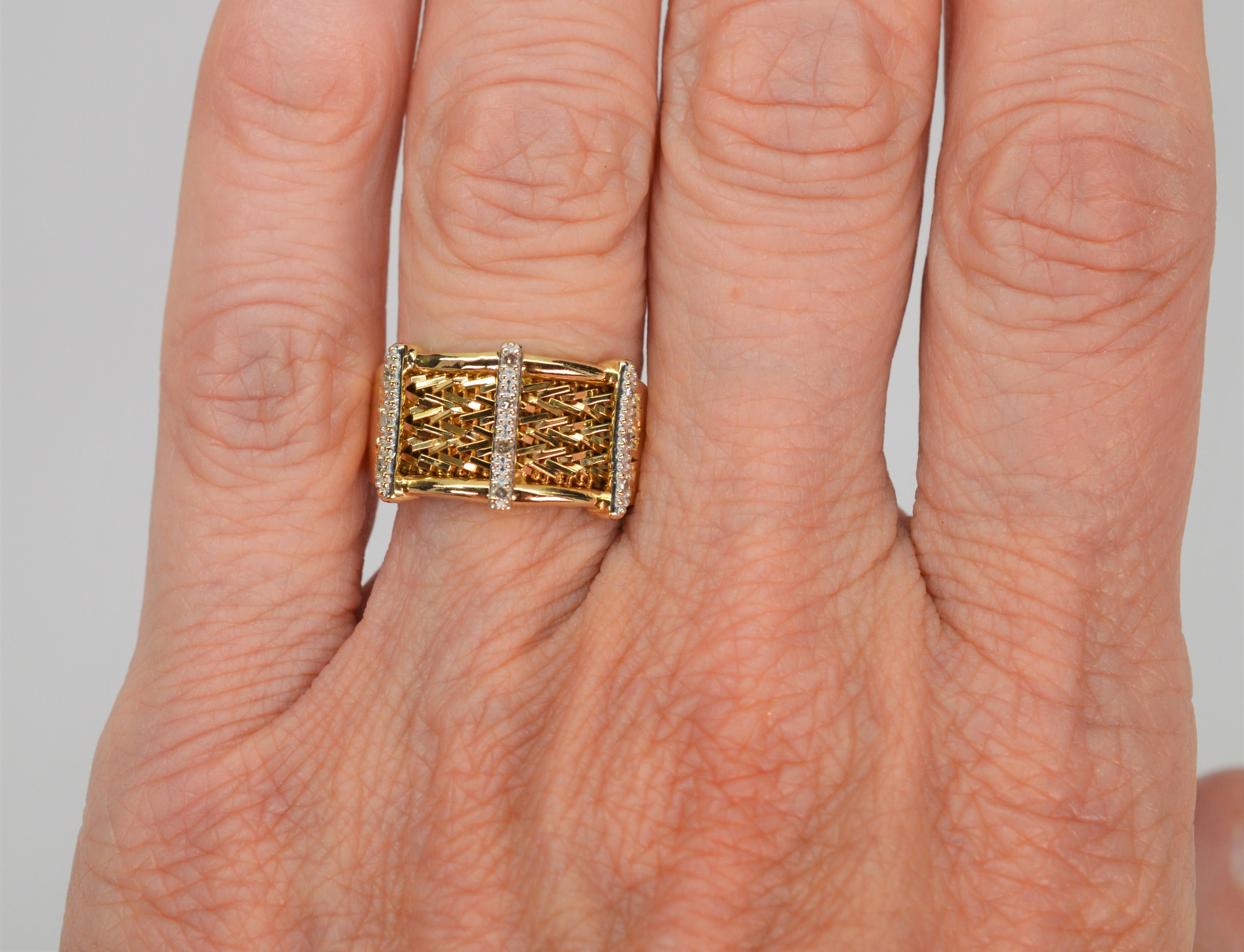 14 Karat Woven Yellow Gold Band Ring with Diamond Accents For Sale 4