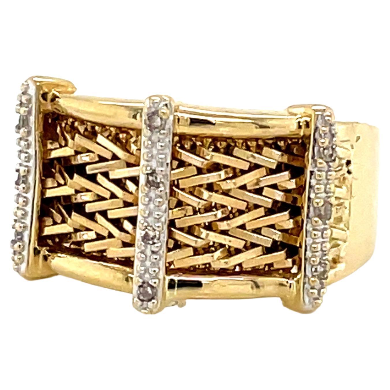 14 Karat Woven Yellow Gold Band Ring with Diamond Accents For Sale