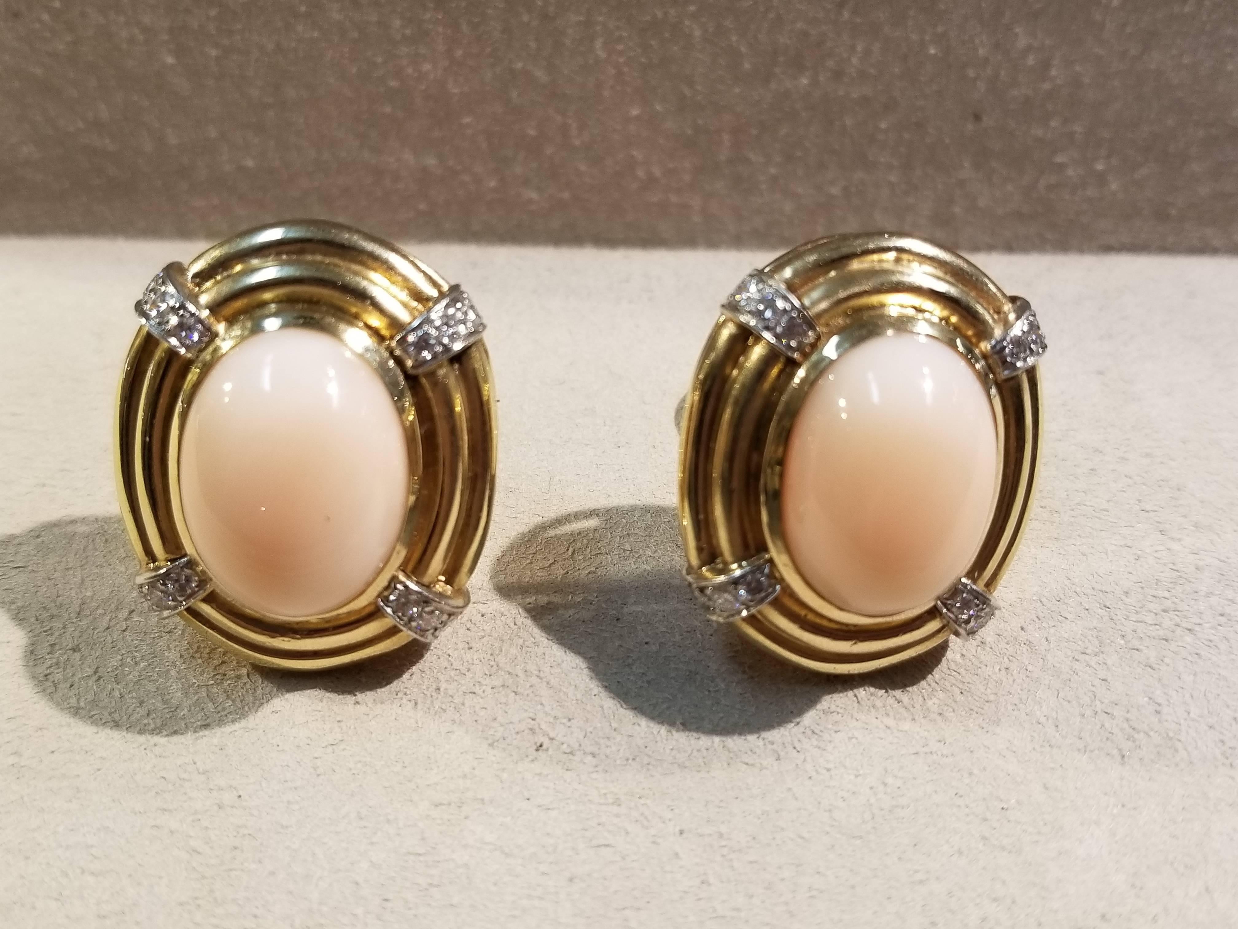 Women's 14 Karat Y/G Coral and Diamond Earrings For Sale