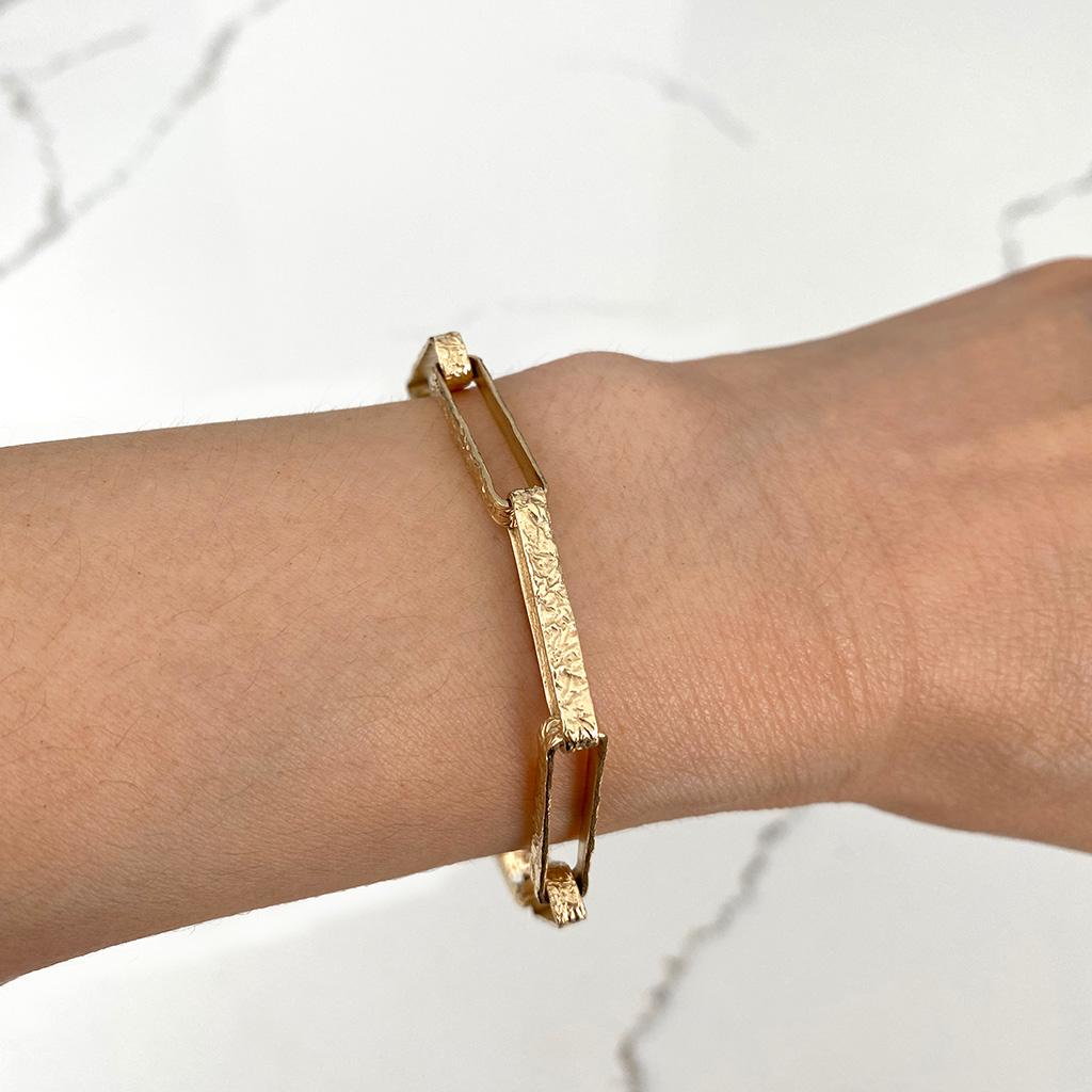 Contemporary  14 Karat Yelloe Gold Textured Large Link Bracelet by K.MITA  For Sale