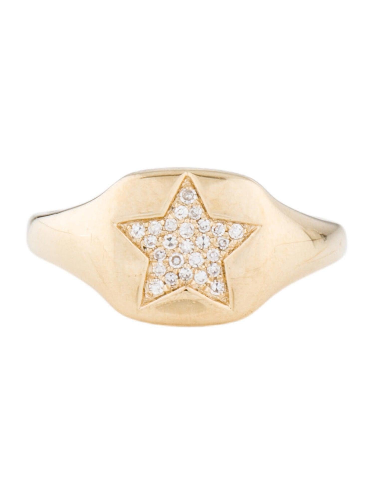 Round Cut 14 Karat Yellow 0.06 Carat Diamond Pave Star Pinky Signet Ring For Sale