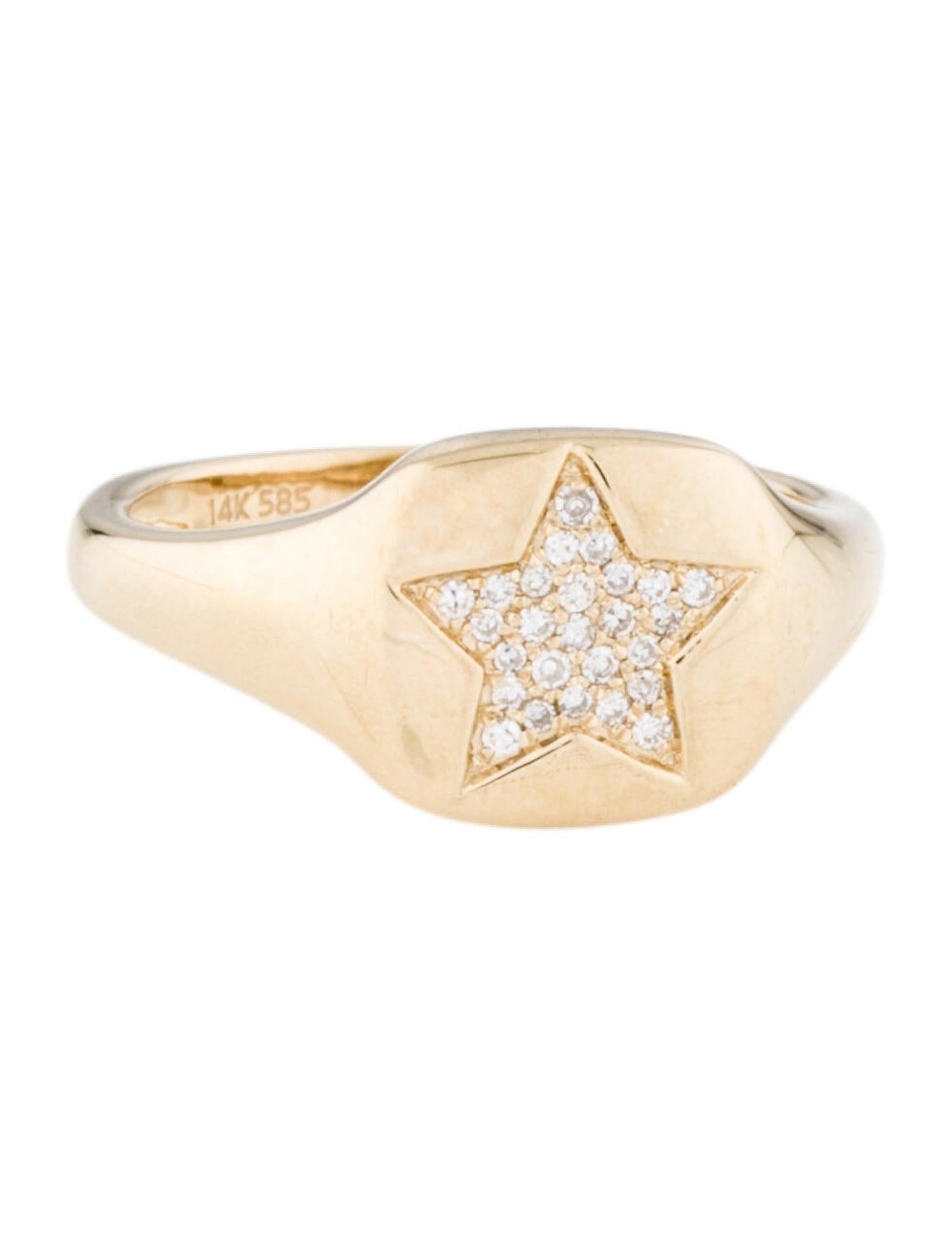 Women's 14 Karat Yellow 0.06 Carat Diamond Pave Star Pinky Signet Ring For Sale