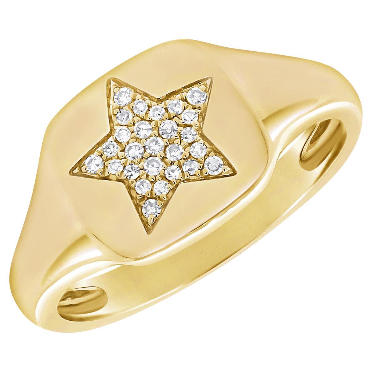 14 Karat Yellow 0.06 Carat Diamond Pave Star Pinky Signet Ring For Sale