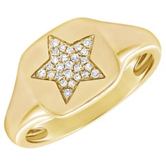 Bague chevalière en or jaune 14 carats avec étoile rose pavée de diamants 0,06 carat