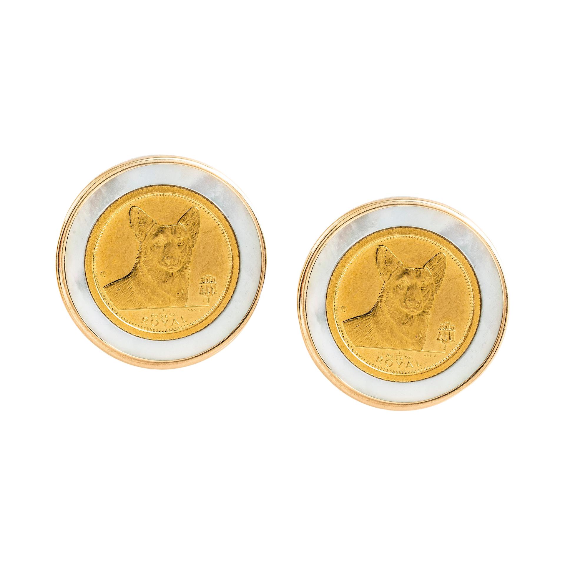 14 Karat Yellow-24 Karat Yellow Welsh Corgi Dog Gold Coin MOP Earrings For Sale