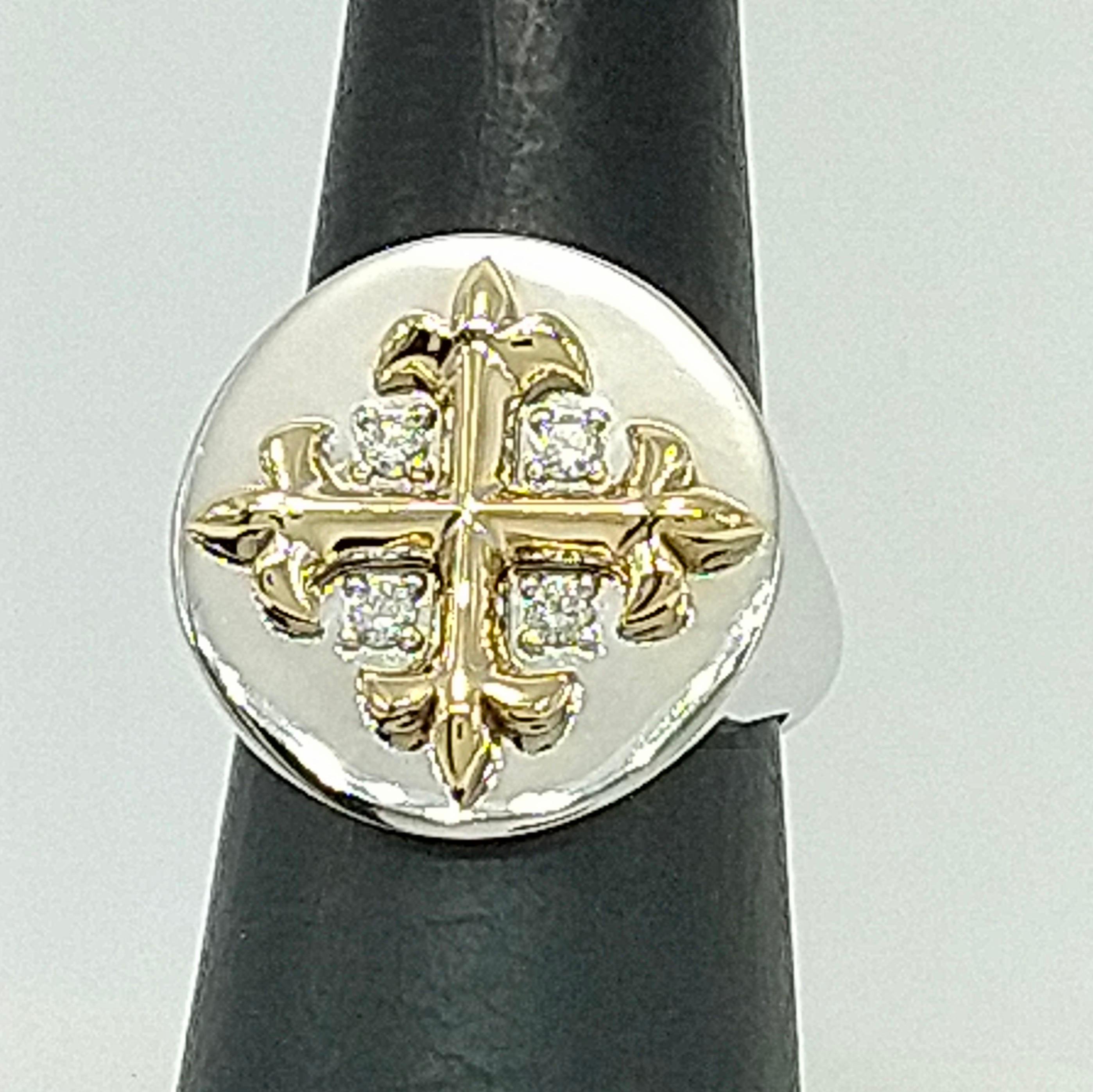 En vente :  Bague chevalière croix diamantée 14 carats jaune et 14 carats blanc West 46 6
