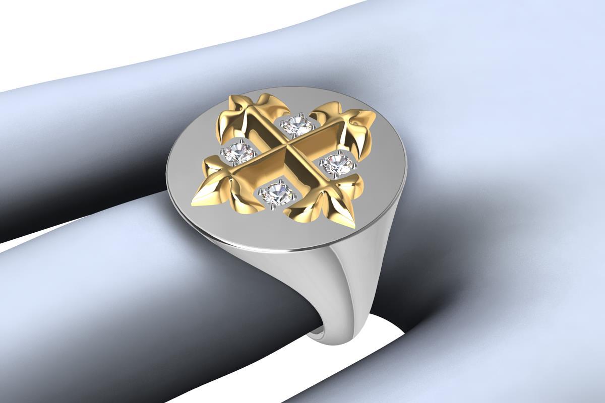 En vente :  Bague chevalière croix diamantée 14 carats jaune et 14 carats blanc West 46 8