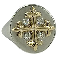 14 Karat Yellow and 14 Karat White West 46 Diamond Cross Signet Ring