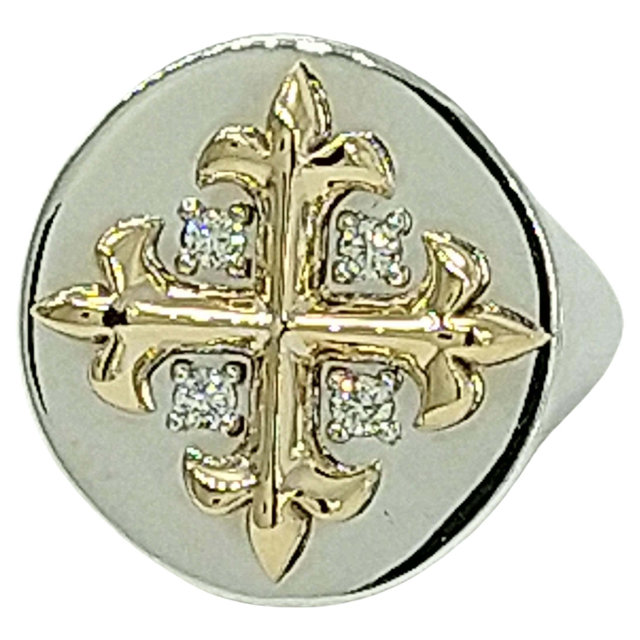 En vente :  Bague chevalière croix diamantée 14 carats jaune et 14 carats blanc West 46 5