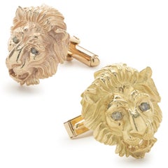 14 Karat Yellow and Rose Gold Lions Head Cufflinks with Diamond Eyes