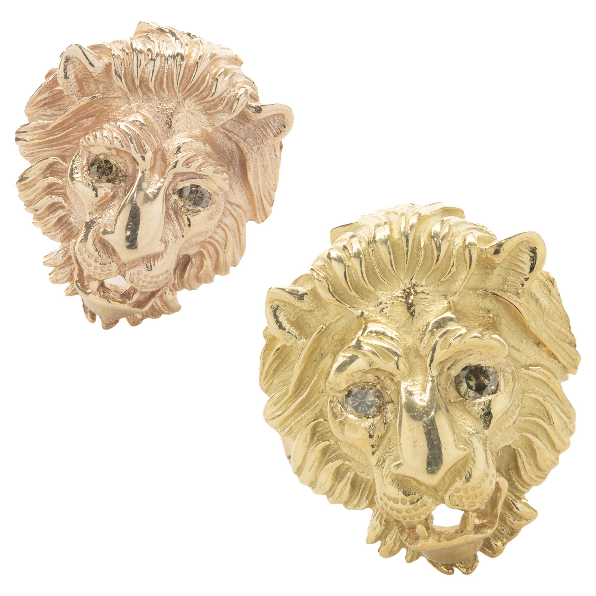 14 Karat Yellow and Rose Gold Lions Head Cufflinks with Diamond Eyes