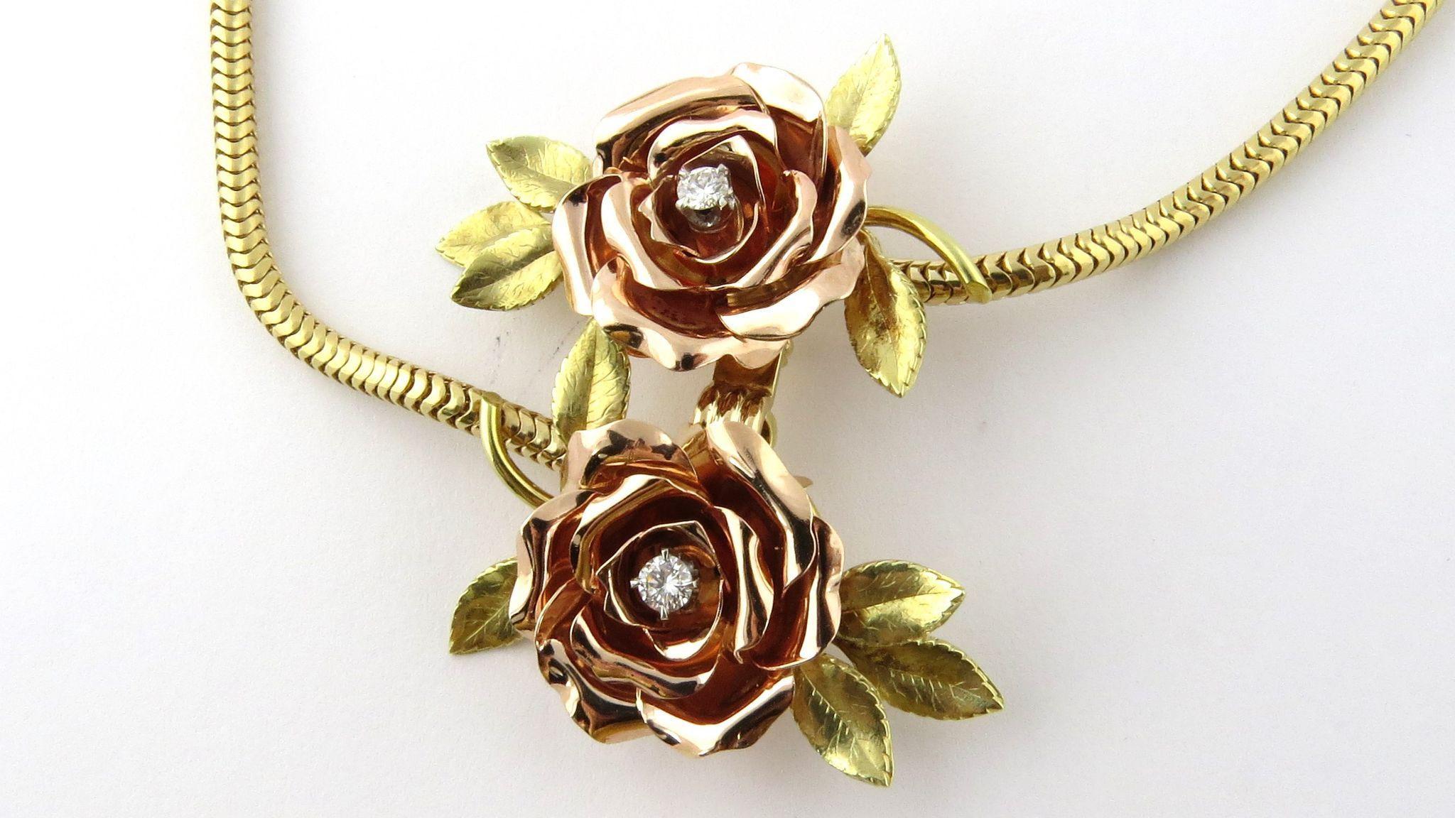 14 Karat Yellow and Rose Gold Rose Necklace In Excellent Condition In Washington Depot, CT