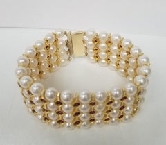 14 Karat Yellow and Silver Gold-Plated 4-Row of Cultured Pearl and Ruby Bracelet