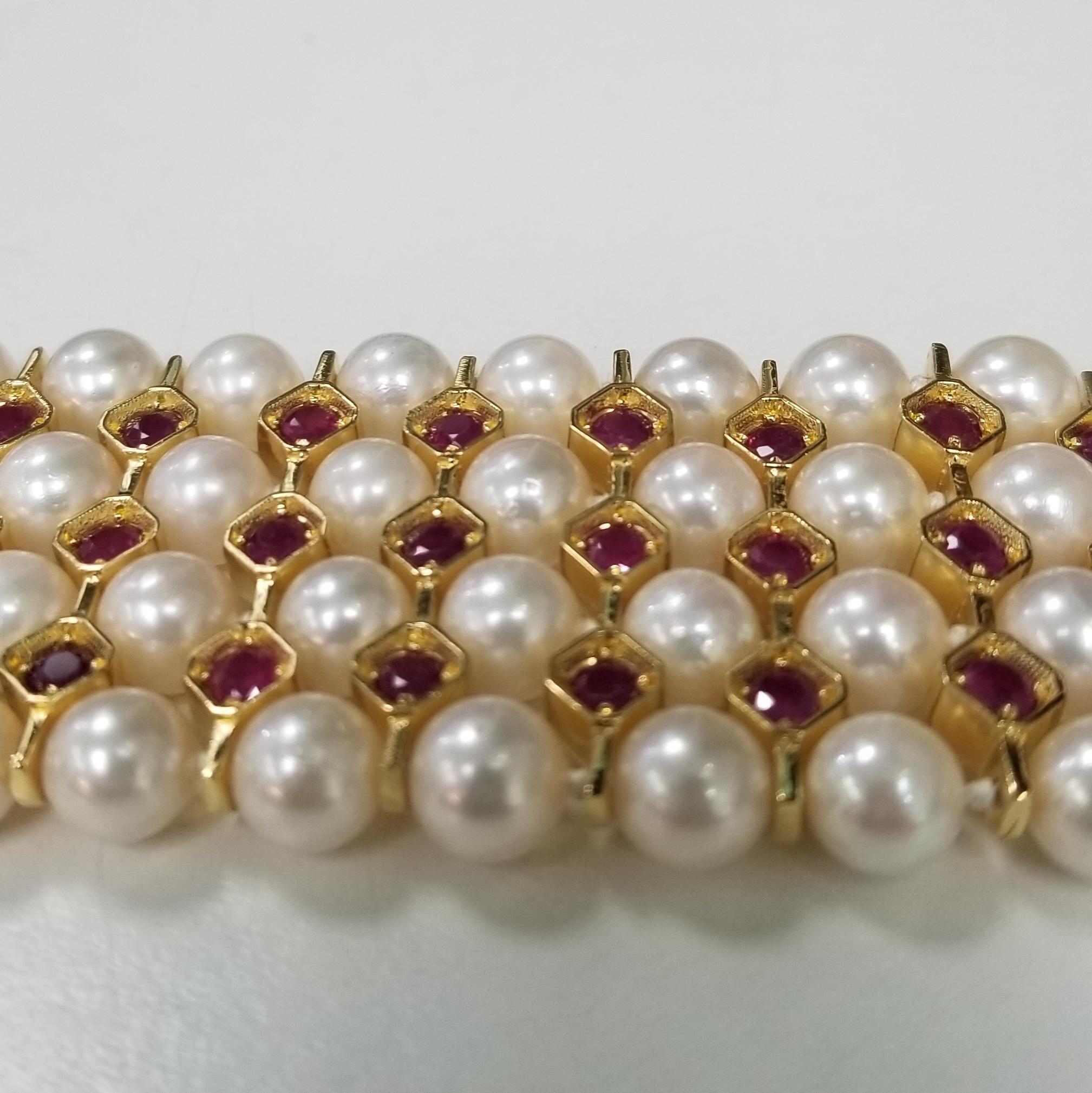 Contemporary 14 Karat Yellow and Silver Gold-Plated 4-Row of Cultured Pearl and Ruby Bracelet For Sale