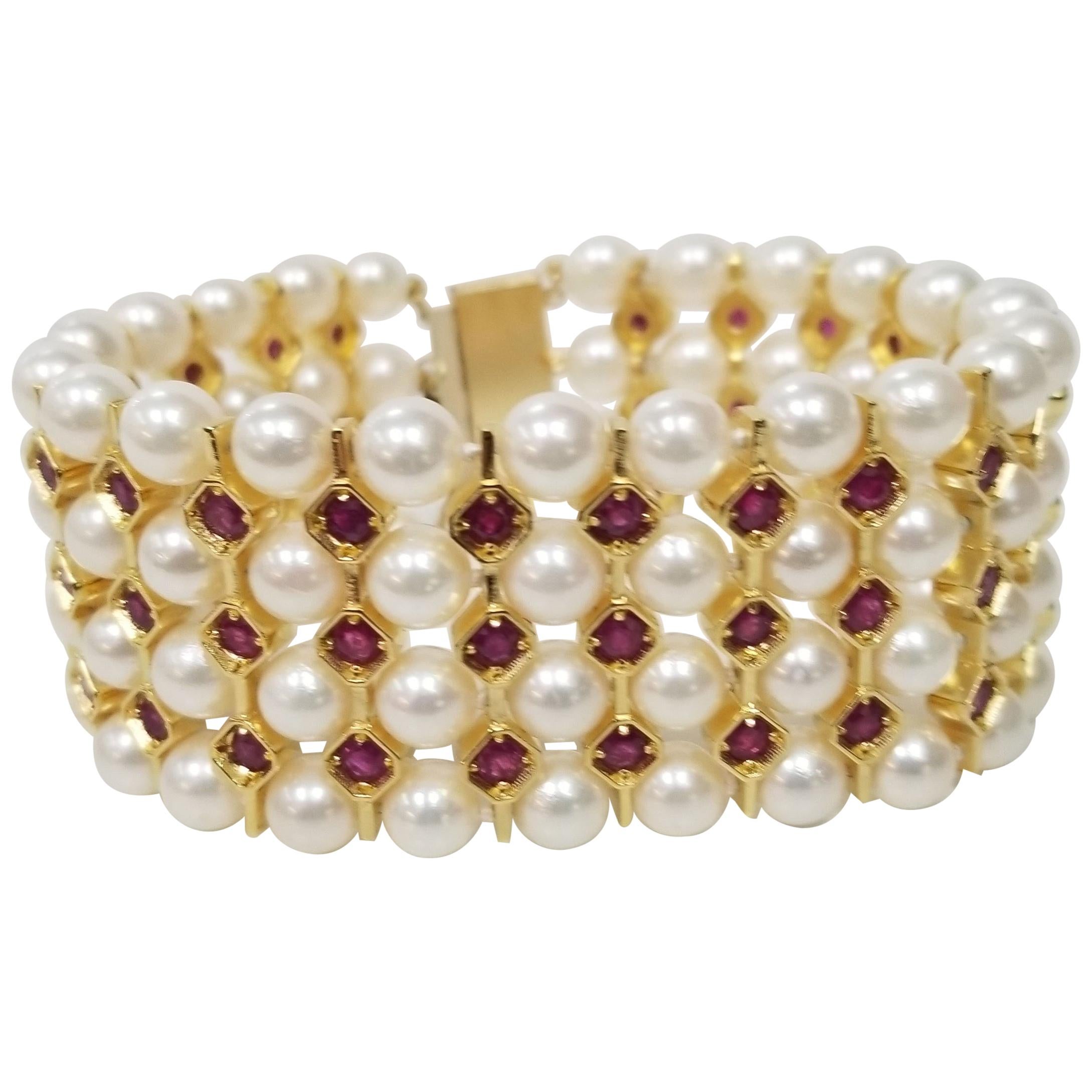 14 Karat Yellow and Silver Gold-Plated 4-Row of Cultured Pearl and Ruby Bracelet For Sale