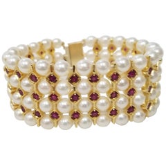 14 Karat Yellow and Silver Gold-Plated 4-Row of Cultured Pearl and Ruby Bracelet