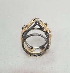 14 Karat Yellow and Silver Gresha Bark and Leaf Diamond Ring