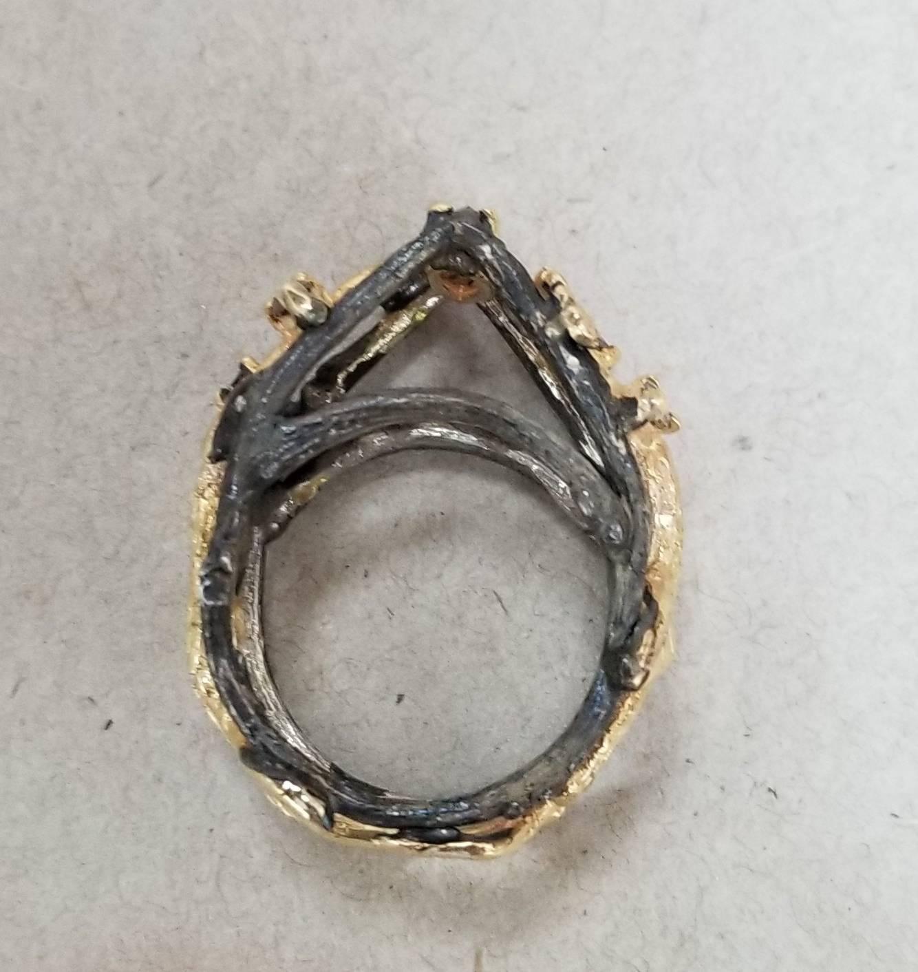 Arts and Crafts 14 Karat Yellow and Silver Gresha Bark and Leaf Diamond Ring For Sale