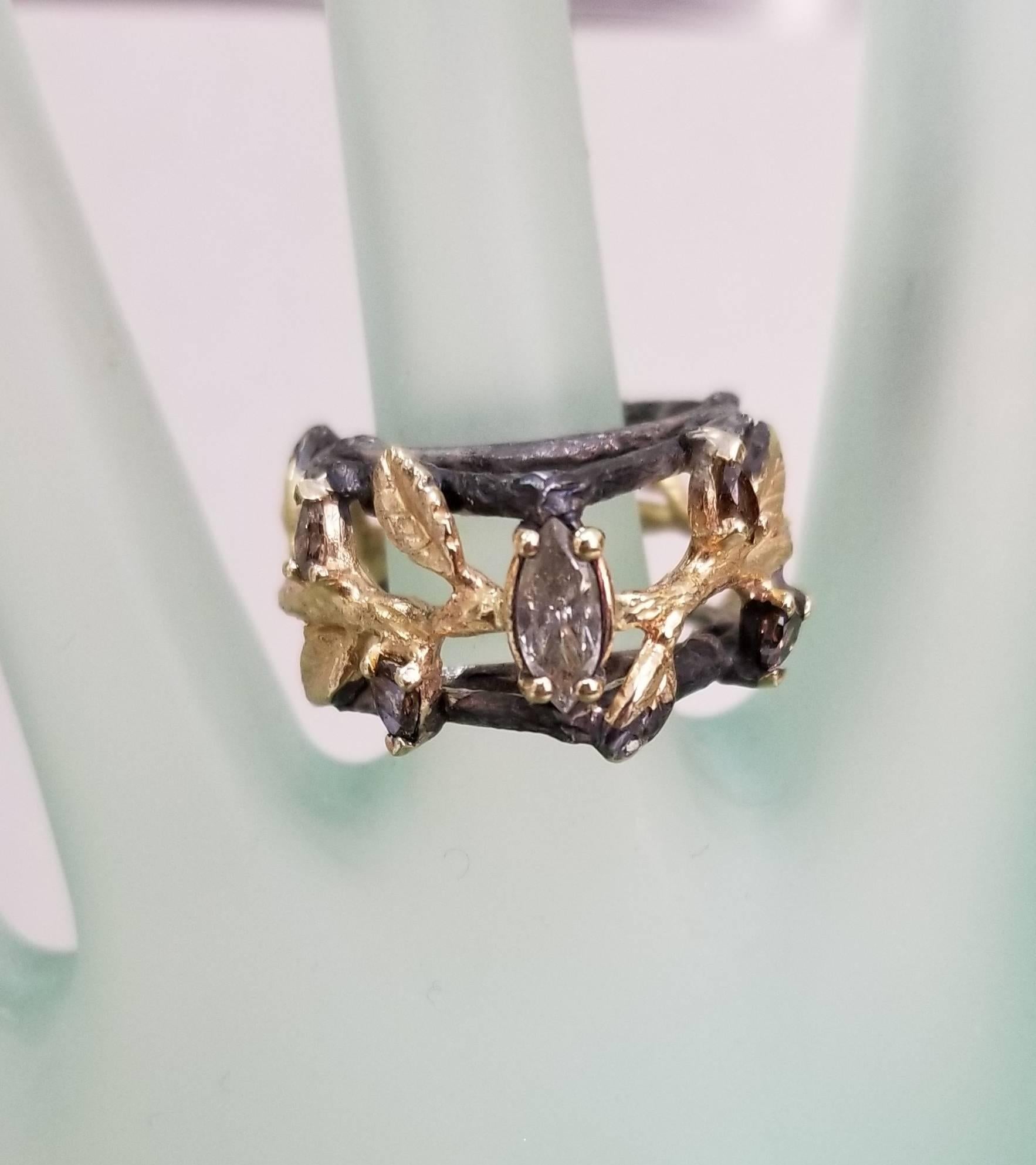 14 Karat Yellow and Silver Gresha Bark and Leaf Diamond Ring In New Condition For Sale In Los Angeles, CA