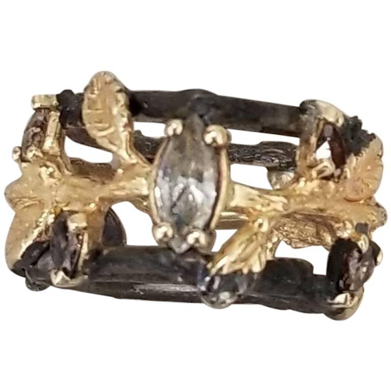 14 Karat Yellow and Silver Gresha Bark and Leaf Diamond Ring For Sale