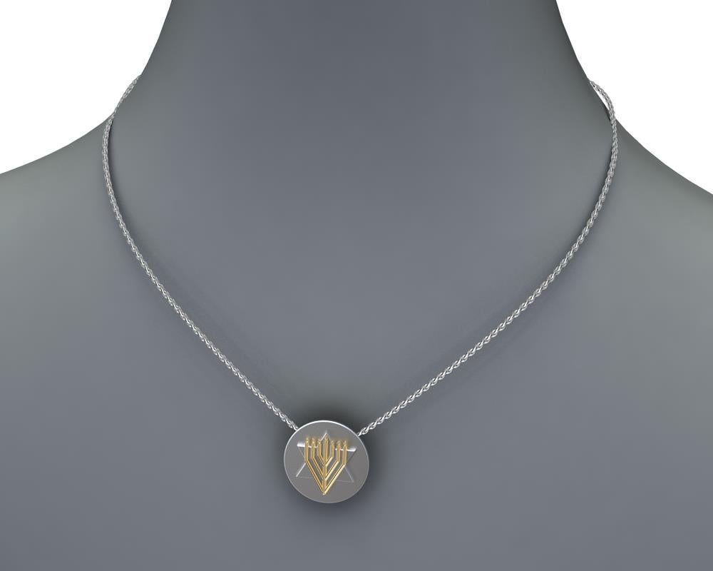 14 Karat Yellow and Sterling Silver Judaica Art Pendant Necklace In New Condition For Sale In New York, NY