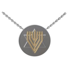 14 Karat Yellow and Sterling Silver Judaica Art Pendant Necklace